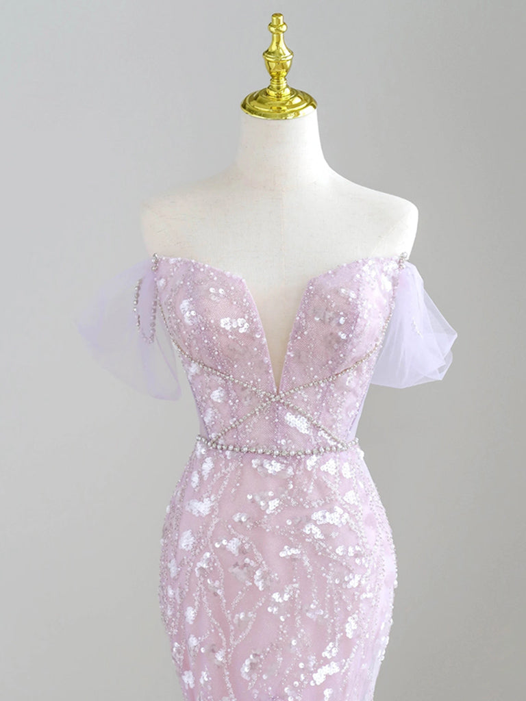 Mermaid V neck Tulle Sequin Purple Long Prom Dress, Purple Long Formal Dress