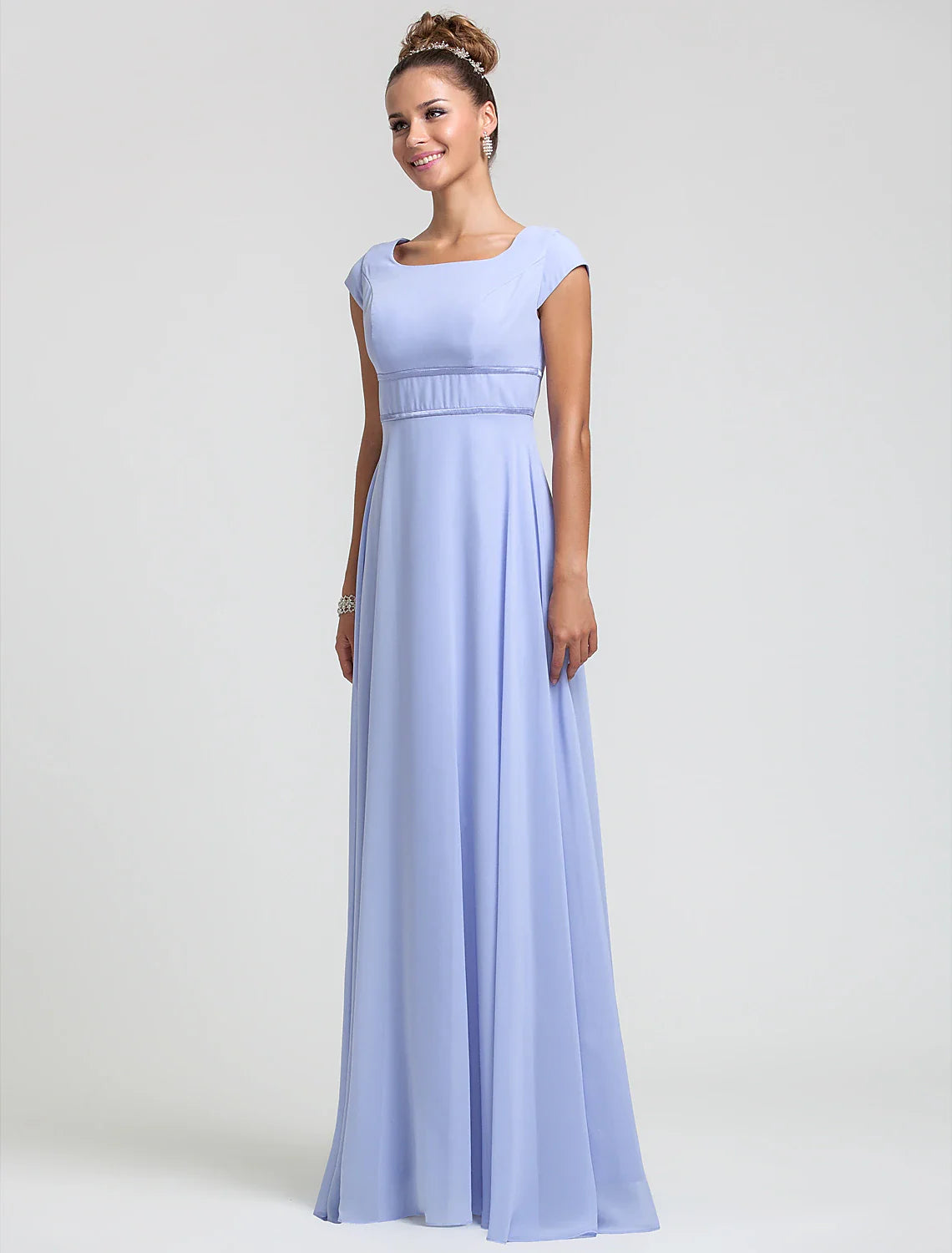 Weitese Sheath / Column Bridesmaid Dress Square Neck Short Sleeve Elegant Floor Length Chiffon with Sash / Ribbon / Pleats