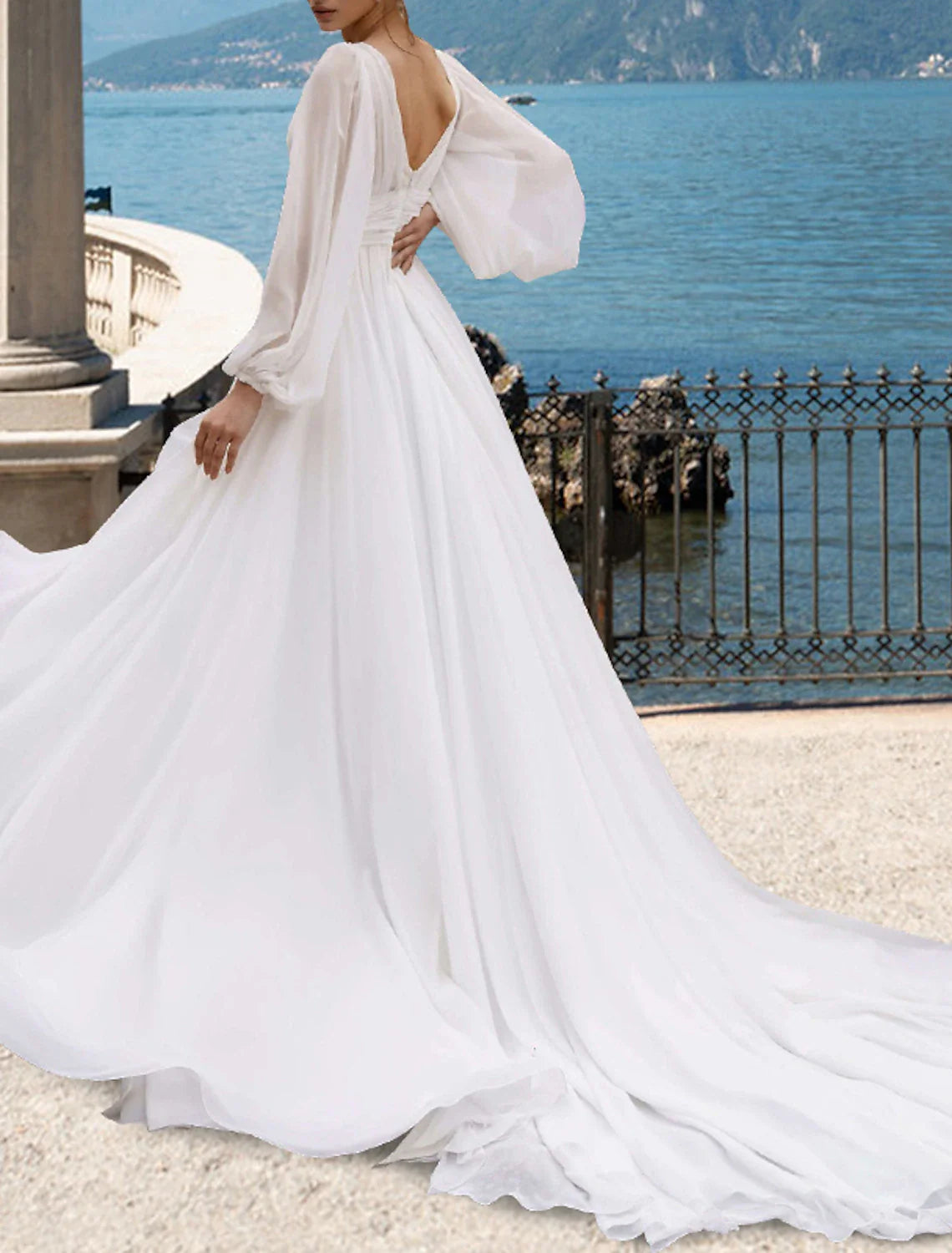 Aimishang Beach Sexy Wedding Dresses A-Line V Neck Long Sleeve Court Train Chiffon Bridal Gowns With Pleats Split Front