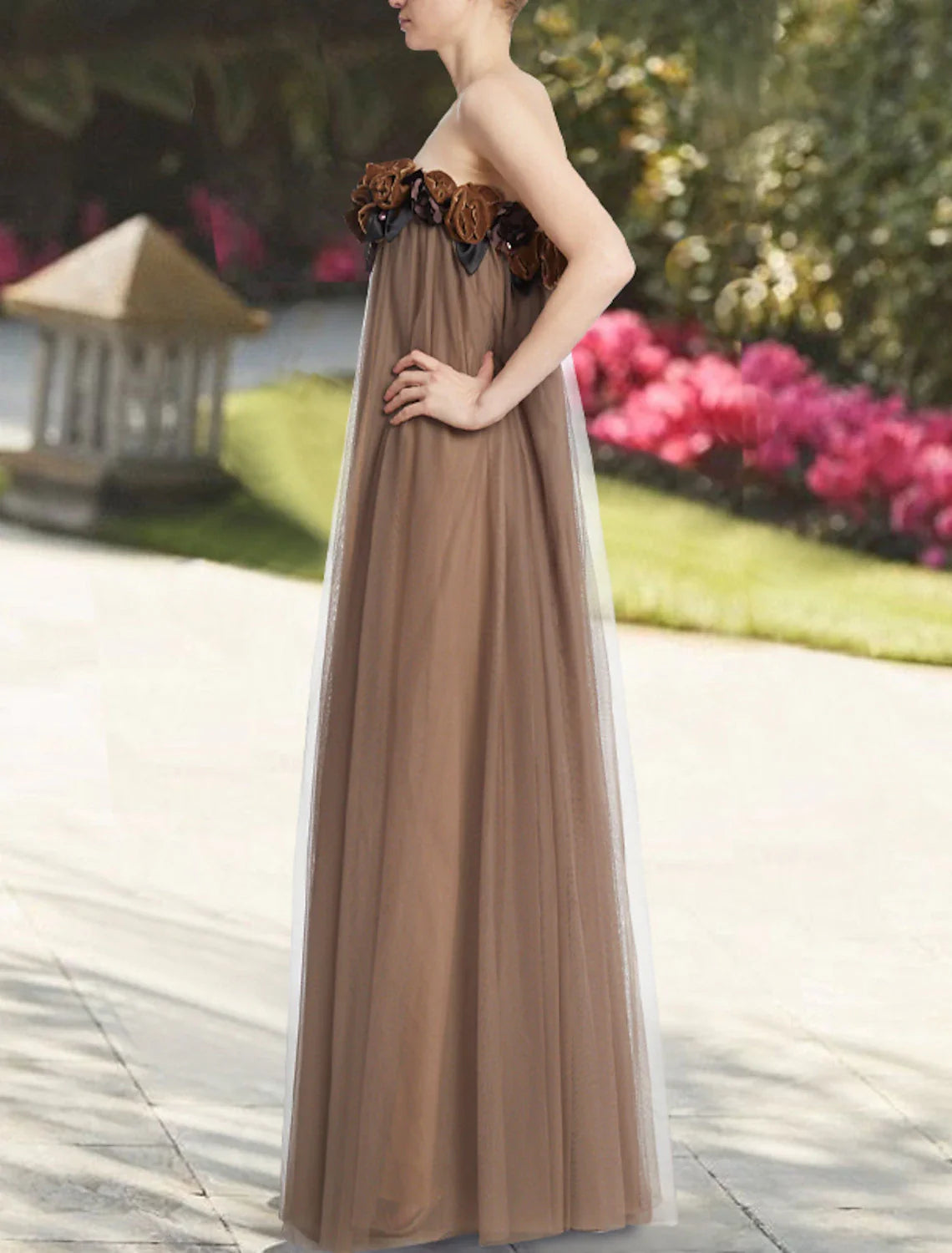 A-Line Evening Gown Elegant Dress Wedding Guest Prom Floor Length Sleeveless Strapless Chiffon with Pleats Appliques Pure Color