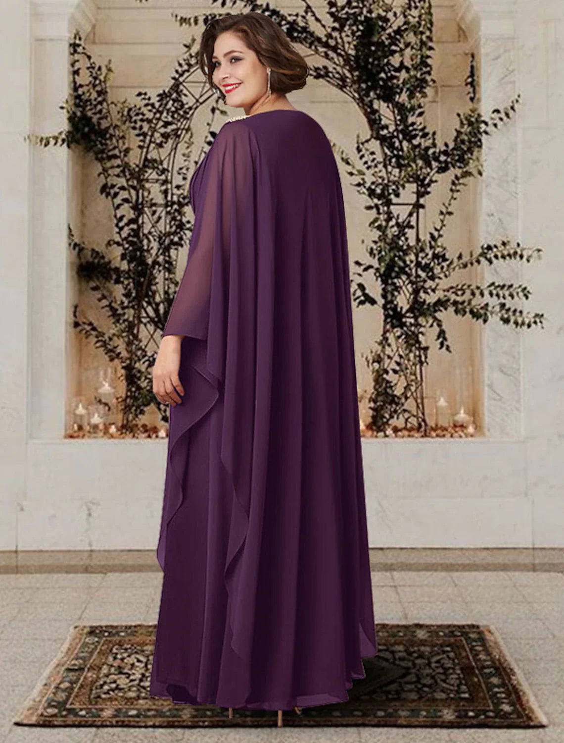 Aimishang  A-Line Mother of the Bride Dress Plus Size Elegant V Neck Floor Length Chiffon Long Sleeve with Pleats Crystals