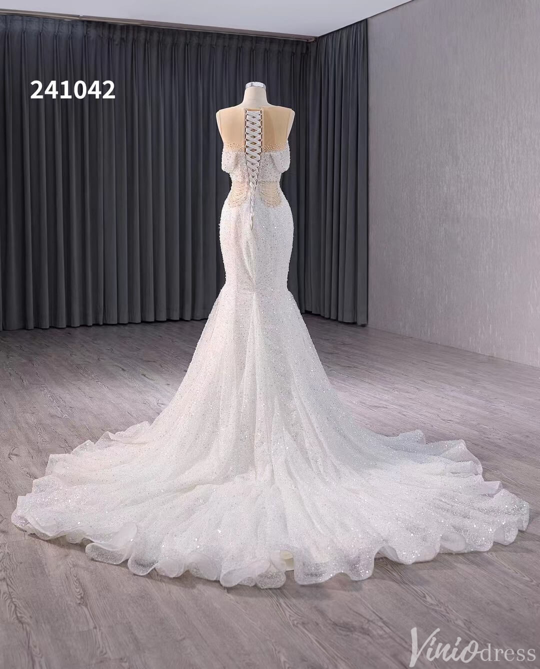 White Beaded Pearl Mermaid Wedding Gown Boat Neck Bridal Dress 241042