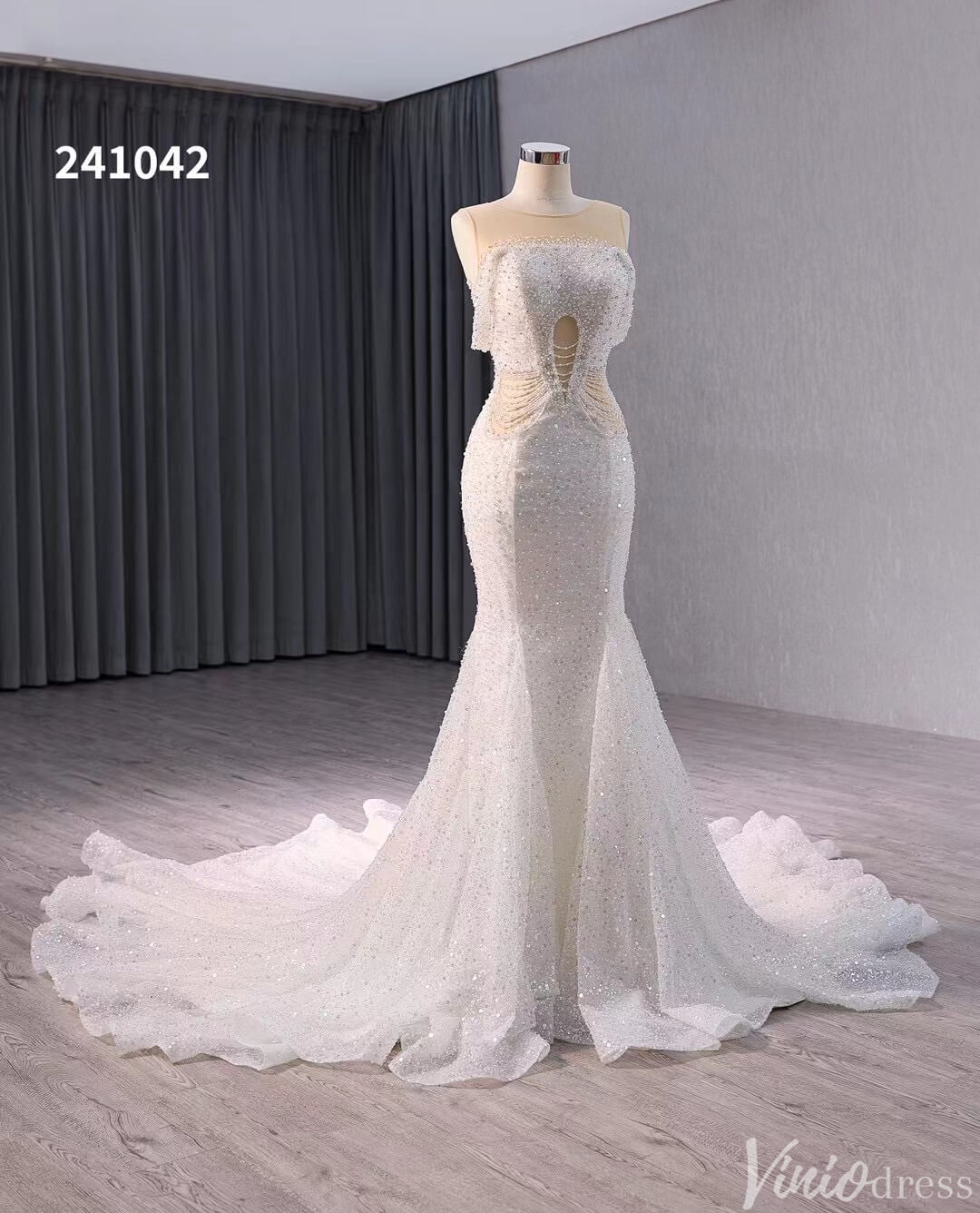 White Beaded Pearl Mermaid Wedding Gown Boat Neck Bridal Dress 241042