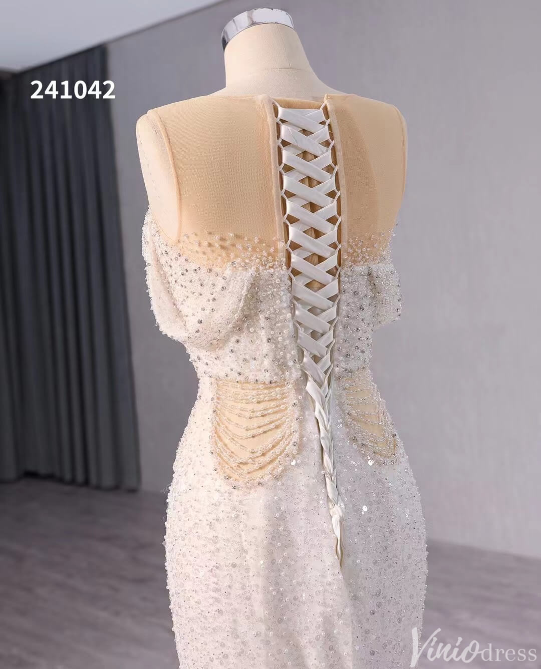 White Beaded Pearl Mermaid Wedding Gown Boat Neck Bridal Dress 241042