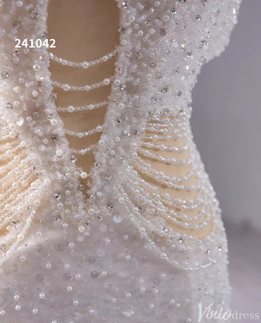 White Beaded Pearl Mermaid Wedding Gown Boat Neck Bridal Dress 241042