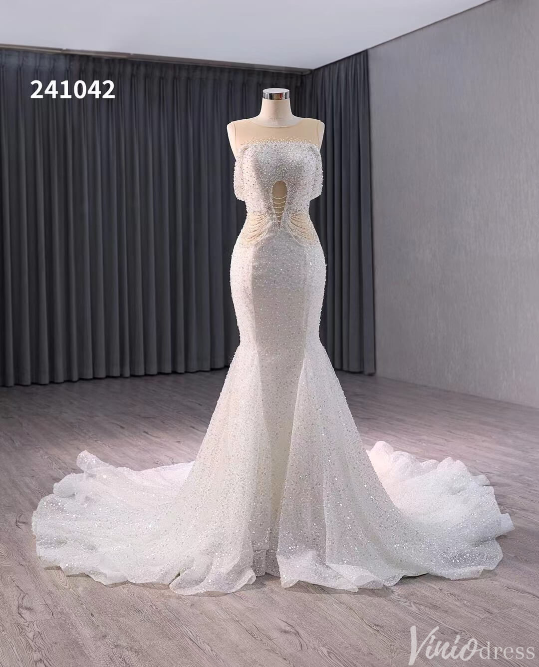 White Beaded Pearl Mermaid Wedding Gown Boat Neck Bridal Dress 241042