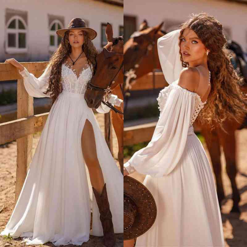 White Long A-line V-neck Chiffon Lace Front Slit Wedding Dresses with Sleeves