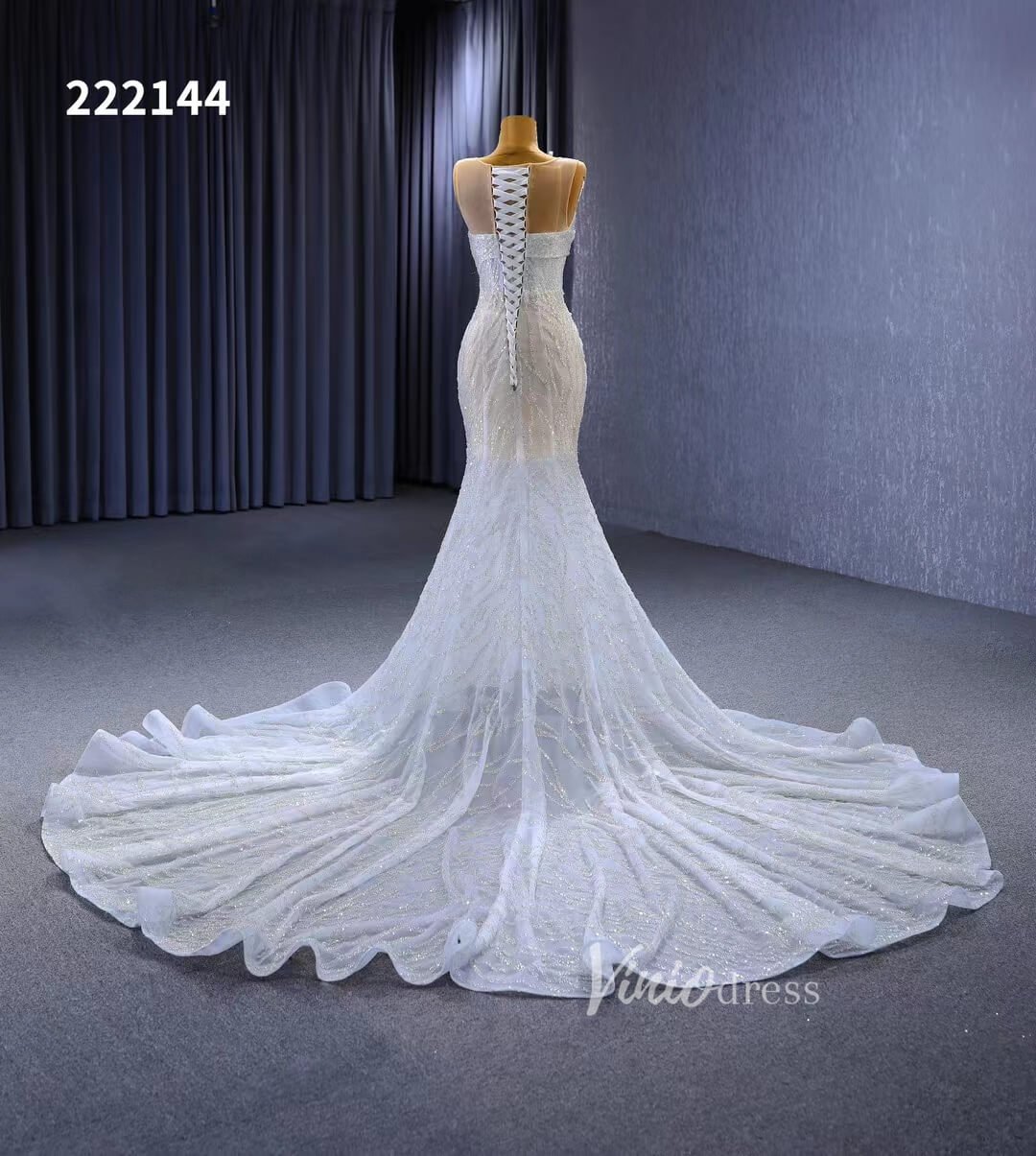 White Mermaid Wedding Dress Beaded Sheer Bridal Gown 222144