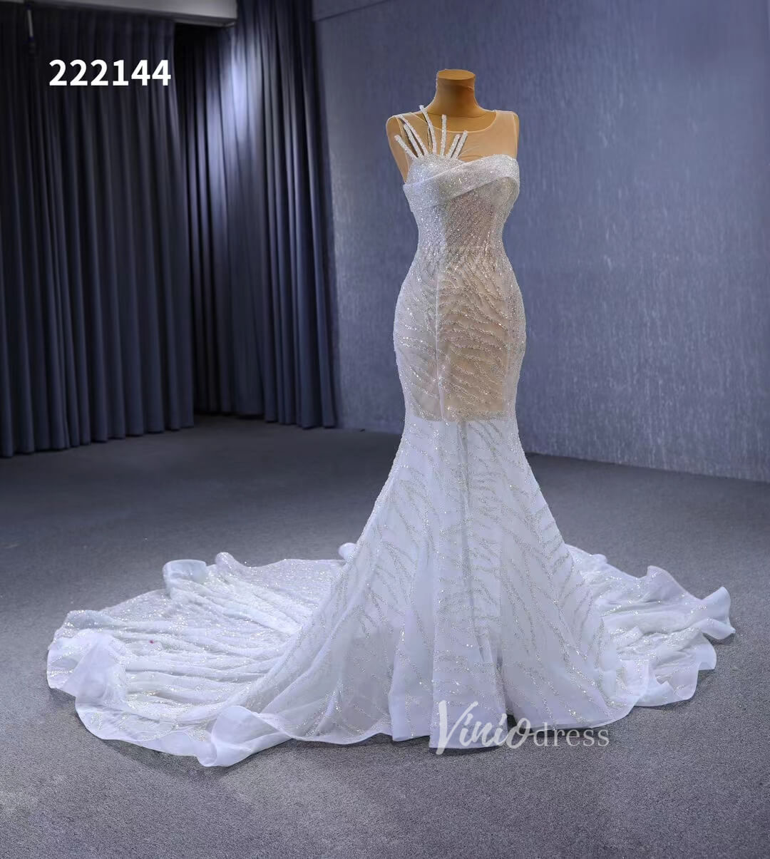 White Mermaid Wedding Dress Beaded Sheer Bridal Gown 222144