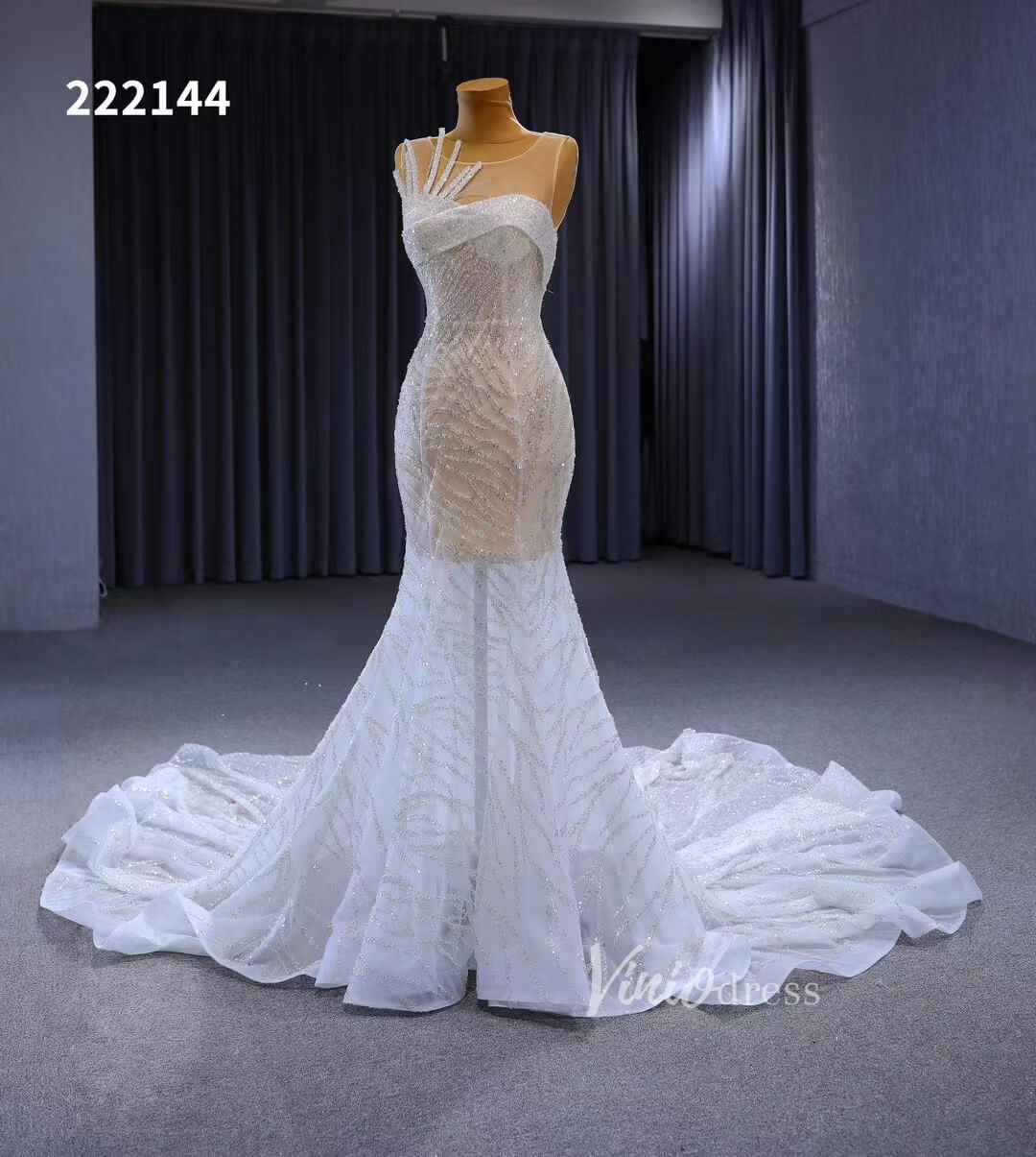 White Mermaid Wedding Dress Beaded Sheer Bridal Gown 222144