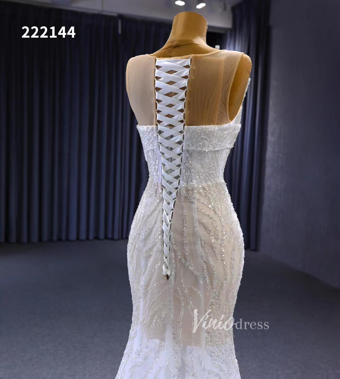 White Mermaid Wedding Dress Beaded Sheer Bridal Gown 222144