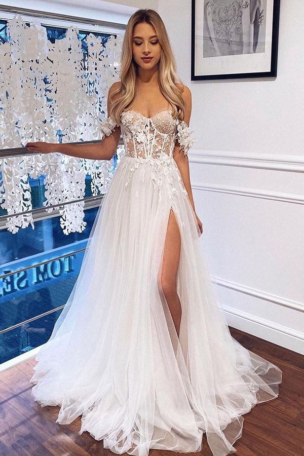 White Off-the-Shoulder A Line Boho Wedding Dress with Lace