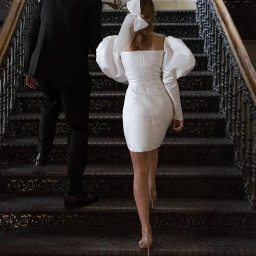 Aimishang Elegant White Satin Short Wedding Dress with Puff Sleeves Charming Party Dress