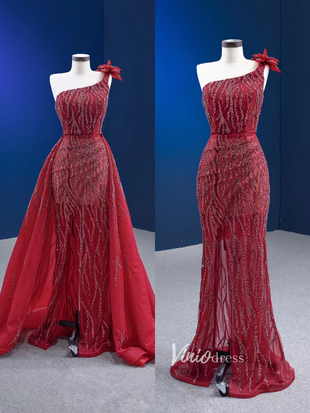 Wine Red Pageant Dress with Slit Removable Overskirt Formal Dresses 222179