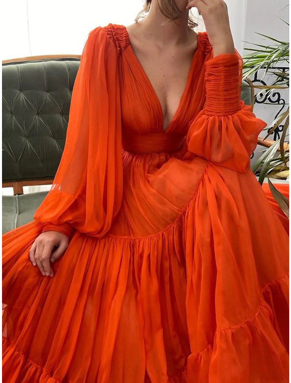 A-Line Evening Gown Elegant Dress Red Green Dress Formal Wedding Guest Floor Length Long Sleeve V Neck Chiffon with Ruched
