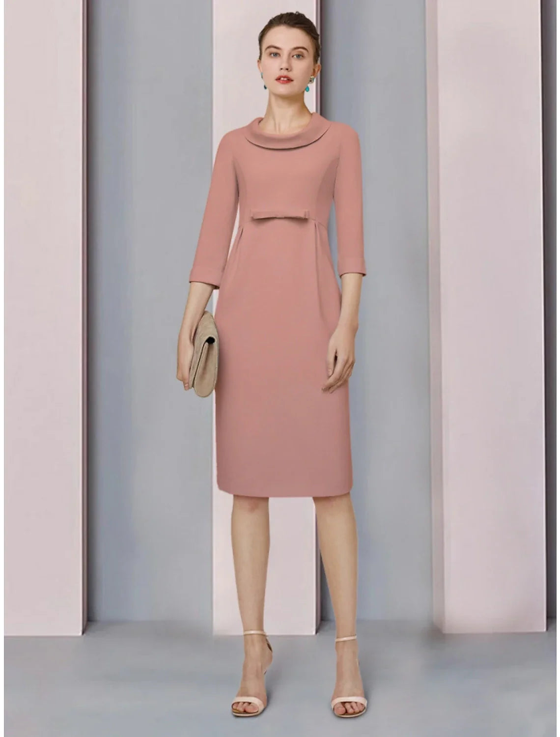 Aimishang  A-Line Mother of the Bride Dress Wedding Guest Elegant Petite Jewel Neck Knee Length Satin 3/4 Length Sleeve with Bow(s) Ruching Solid Color