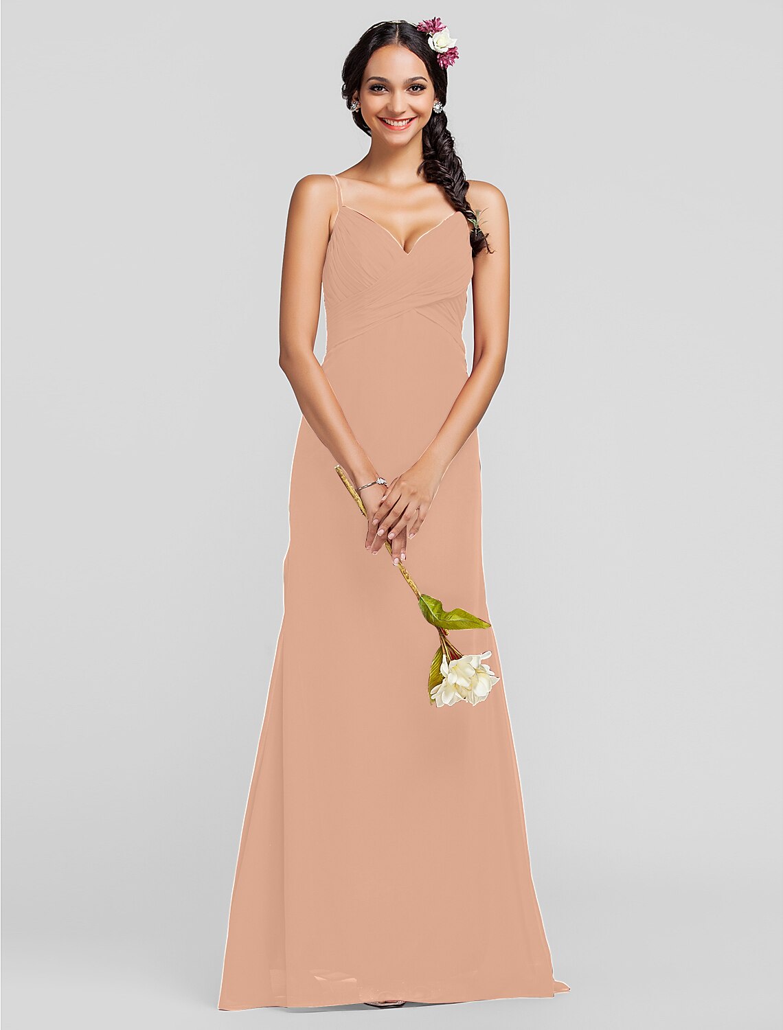Sheath / Column Spaghetti Strap Floor Length Chiffon Bridesmaid Dress with Criss Cross