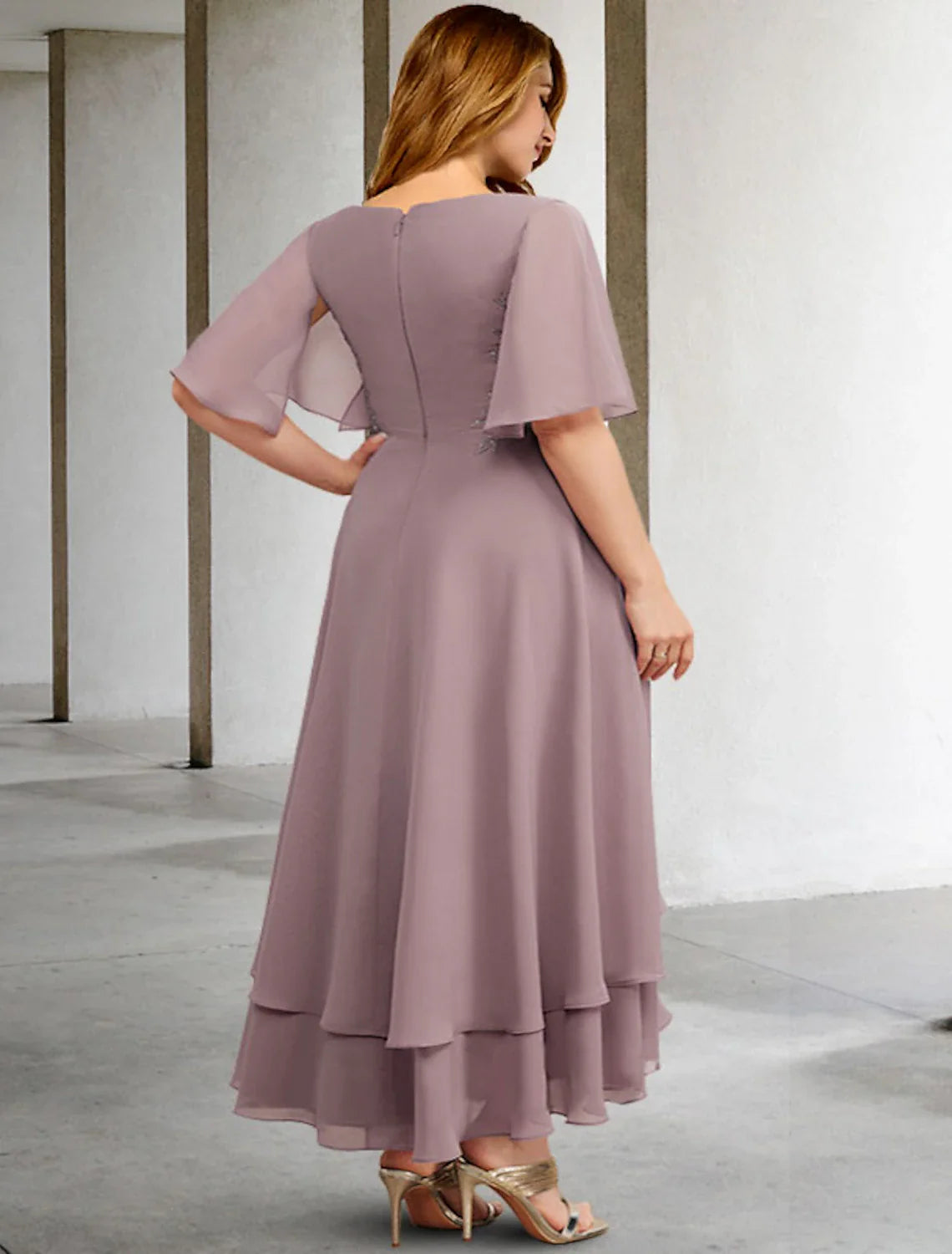 Aimishang A-Line Mother of the Bride Dresses Plus Size Hide Belly Curve Elegant Dress Formal Asymmetrical Short Sleeve V Neck Chiffon with Ruffles Appliques