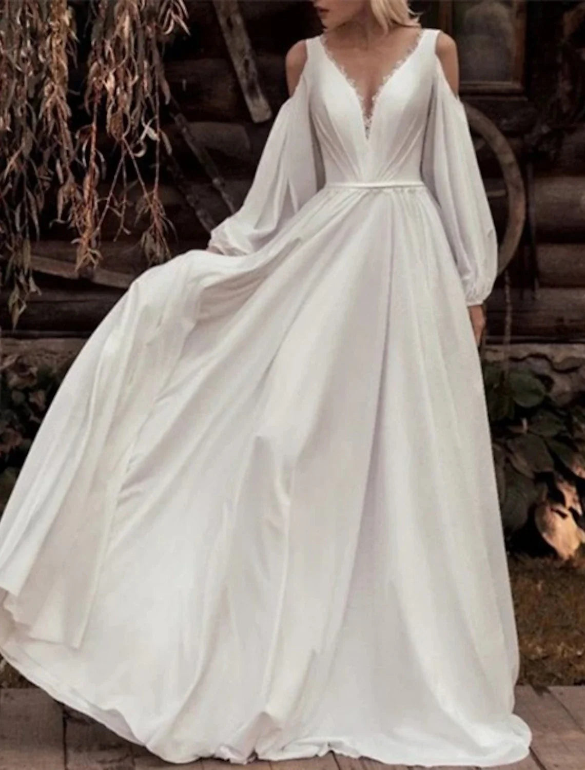 Aimishang Beach Boho Wedding Dresses A-Line Off Shoulder Long Sleeve Floor Length Chiffon Bridal Gowns With Solid Color