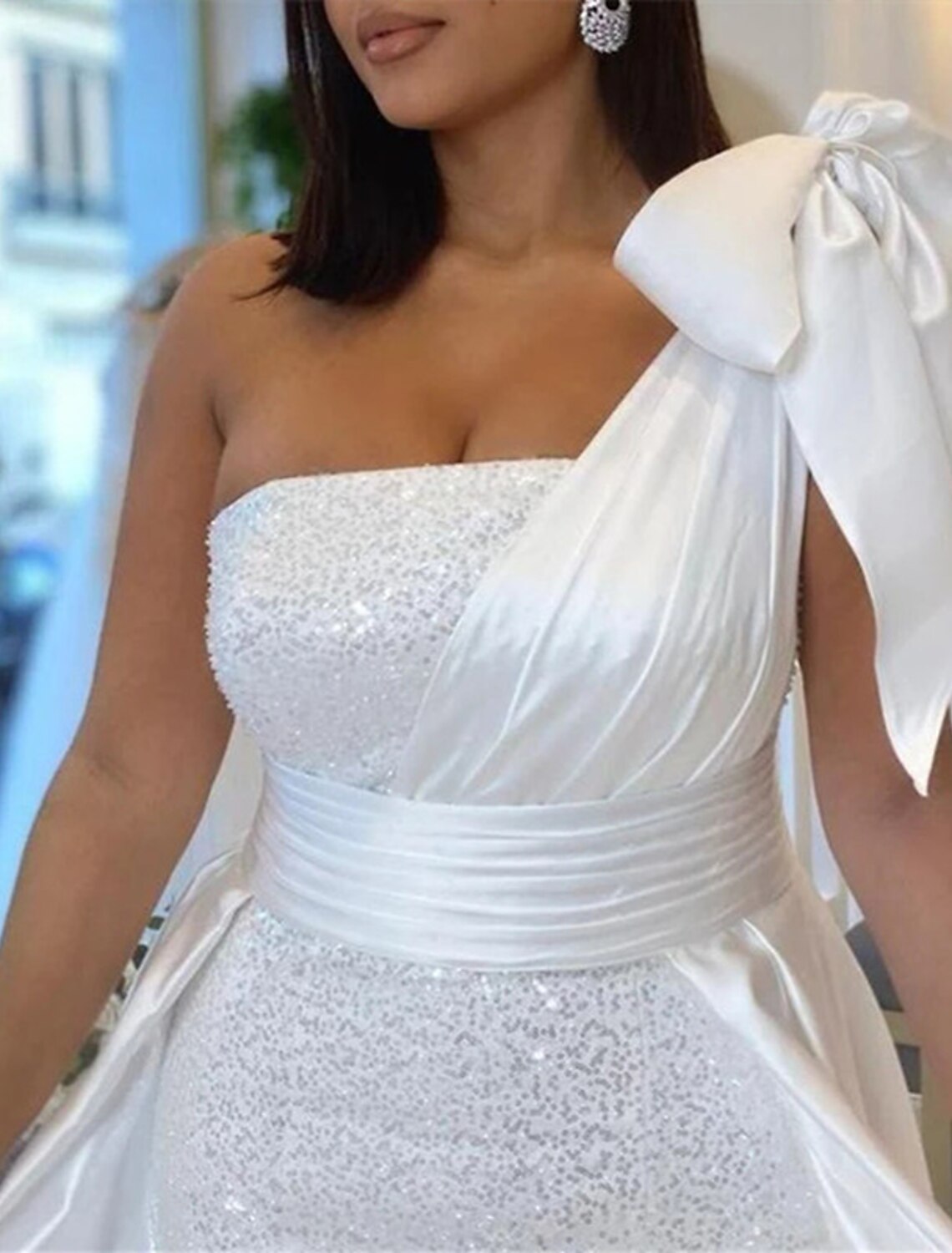 Aimishang Hall Wedding Dresses Mermaid / Trumpet One Shoulder Sleeveless Chapel Train Sequined Bridal Gowns With Bow(s) Sequin