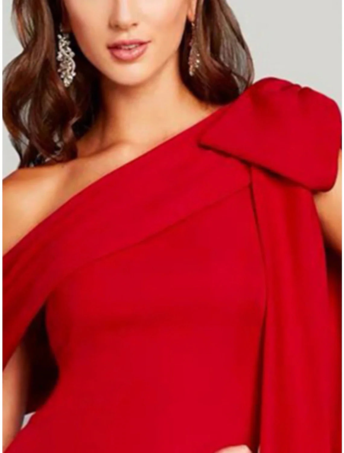 Sheath / Column Evening Gown Elegant Dress Formal Sweep / Brush Train Christmas Red Green Dress Short Sleeve One Shoulder Charmeuse with Bow(s) Pleats Slit