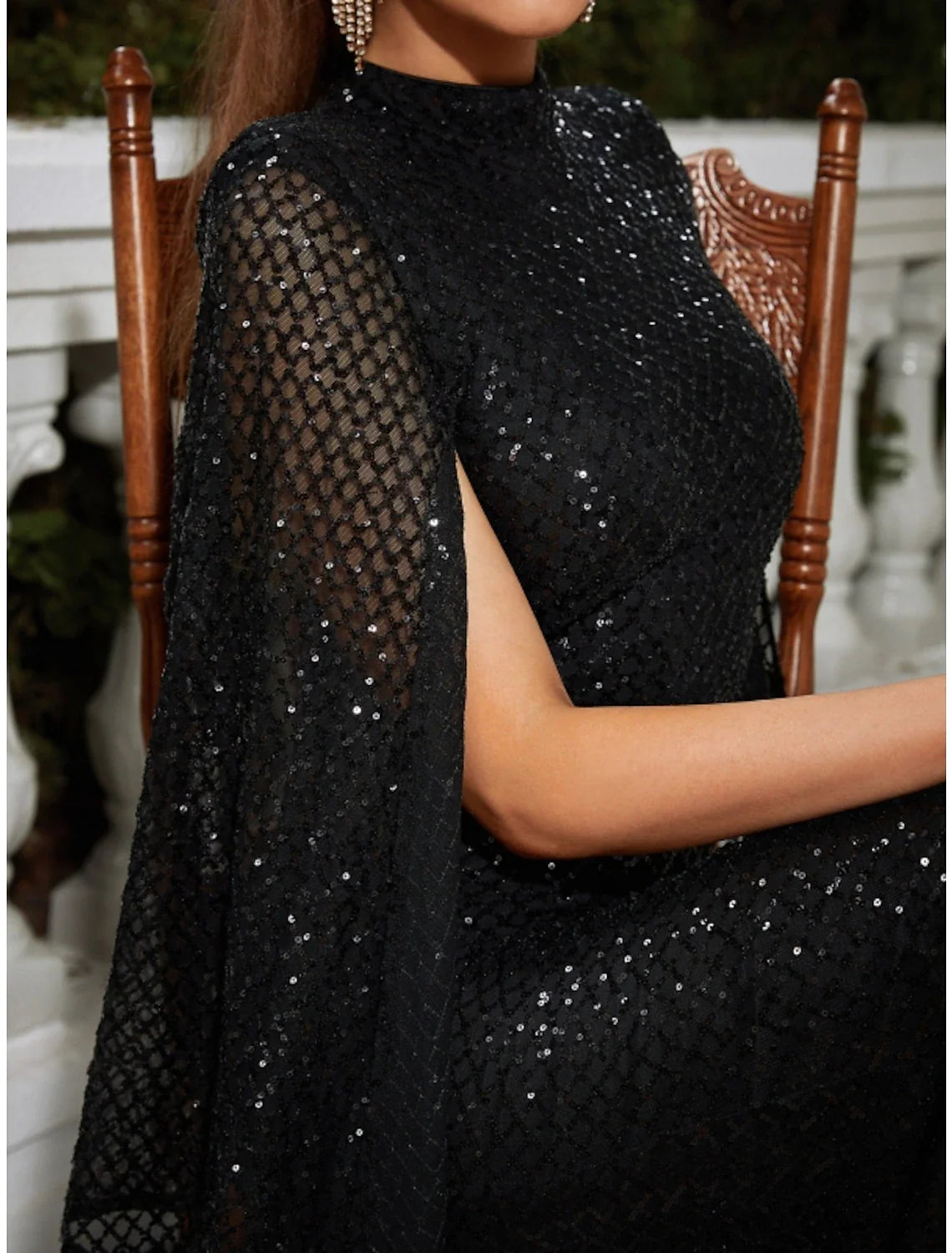 Mermaid / Trumpet Evening Gown Sparkle & Shine Dress Formal Wedding Guest Floor Length Sleeveless High Neck Sequined with Glitter Pleats