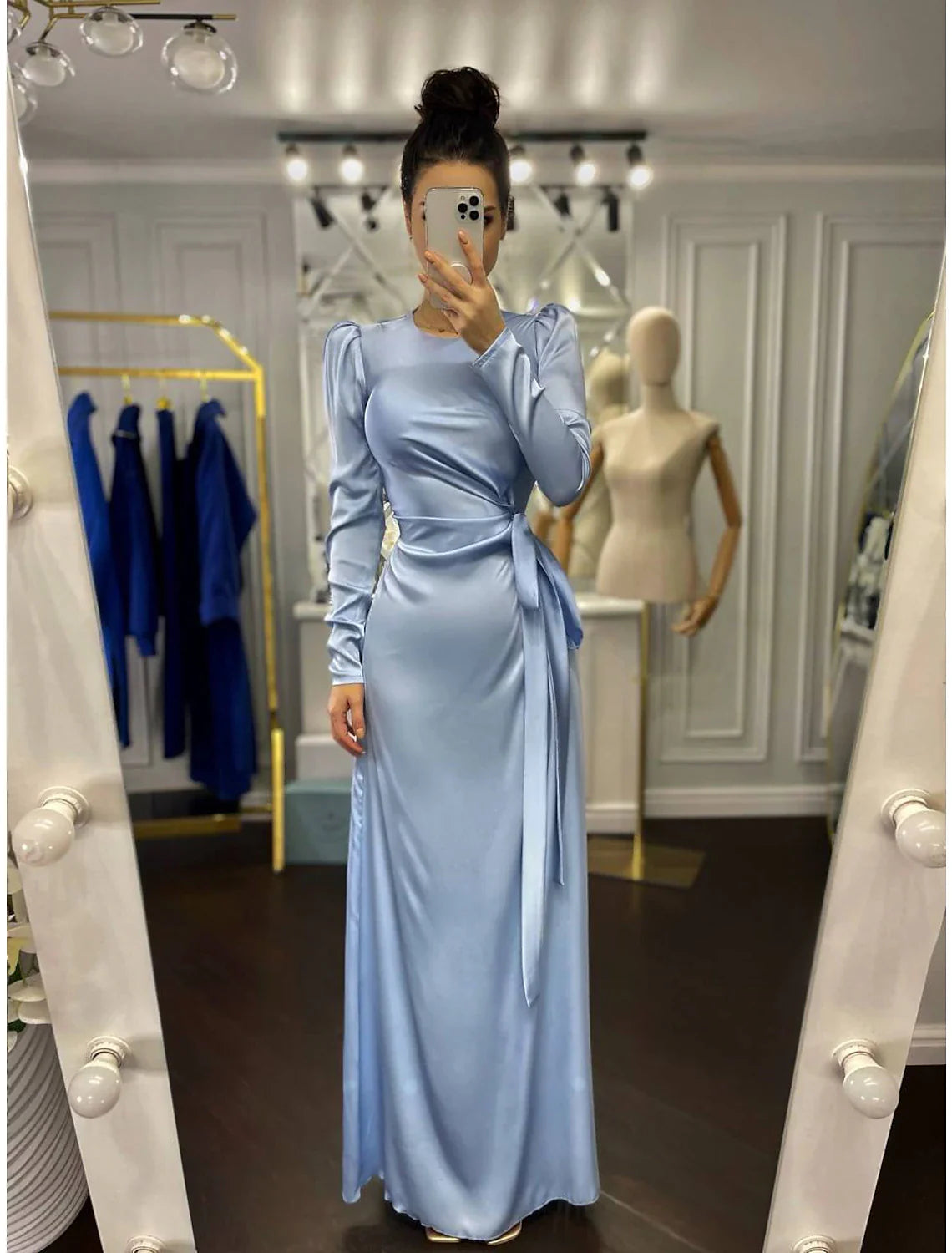Sheath Party Dress Evening Gown Elegant Dress Wedding Guest Fall Floor Length Long Sleeve High Neck Bridesmaid Dress Satin with Ruched 2025