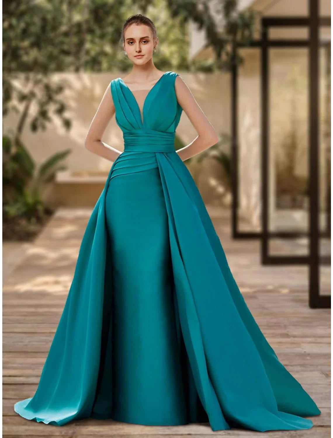 Aimishang A-Line Evening Gown Elegant Dress Formal Sweep / Brush Train Christmas Red Green Dress Sleeveless V Neck Satin with Pleats Ruched