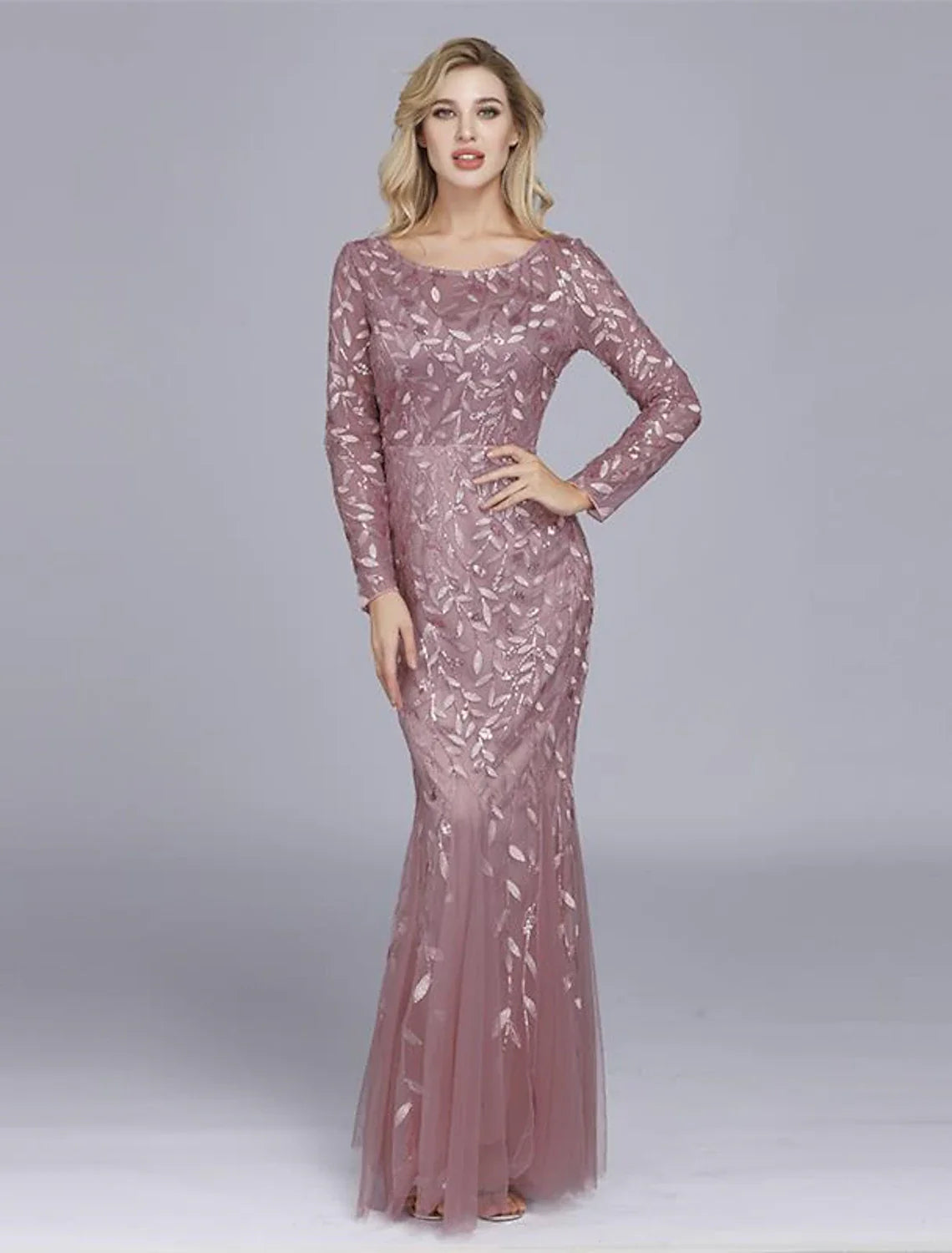 Mermaid / Trumpet Empire Elegant Party Wear Formal Evening Valentine's Day Dress Jewel Neck Long Sleeve Floor Length Tulle with Embroidery 2024 / Illusion Sleeve