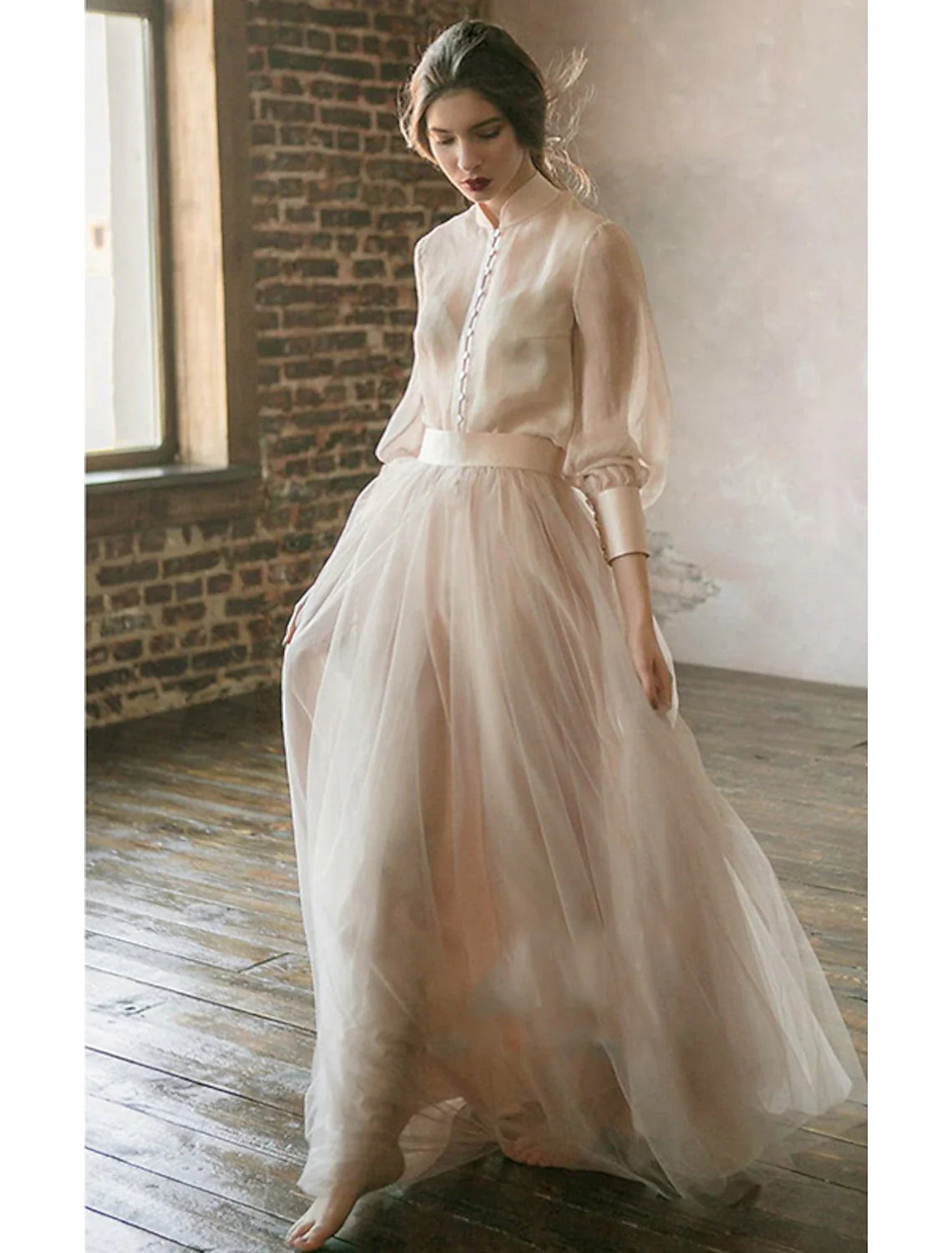 Two Piece Party Dress Minimalist Wedding Guest Formal Evening Birthday Dress Stand Collar Long Sleeve Floor Length Chiffon with Tier 2025