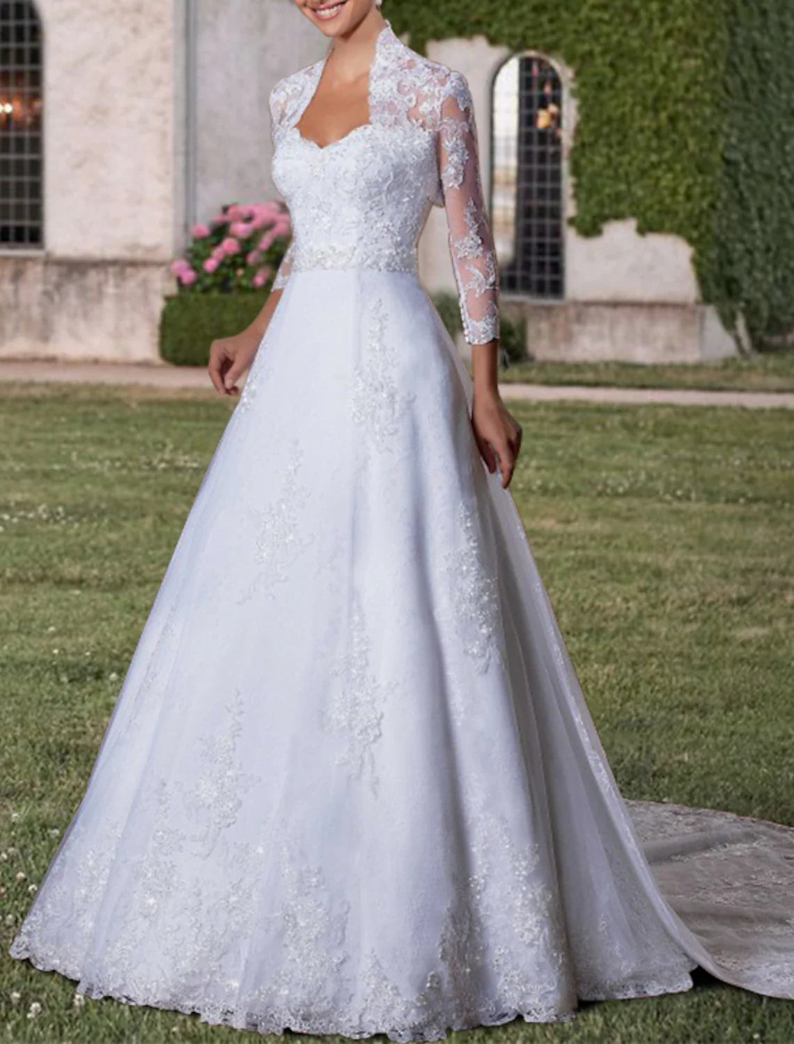 Aimishang Engagement Formal Wedding Dresses Two Piece Sweetheart 3/4 Length Sleeve Court Train Lace Bridal Gowns With Beading Appliques