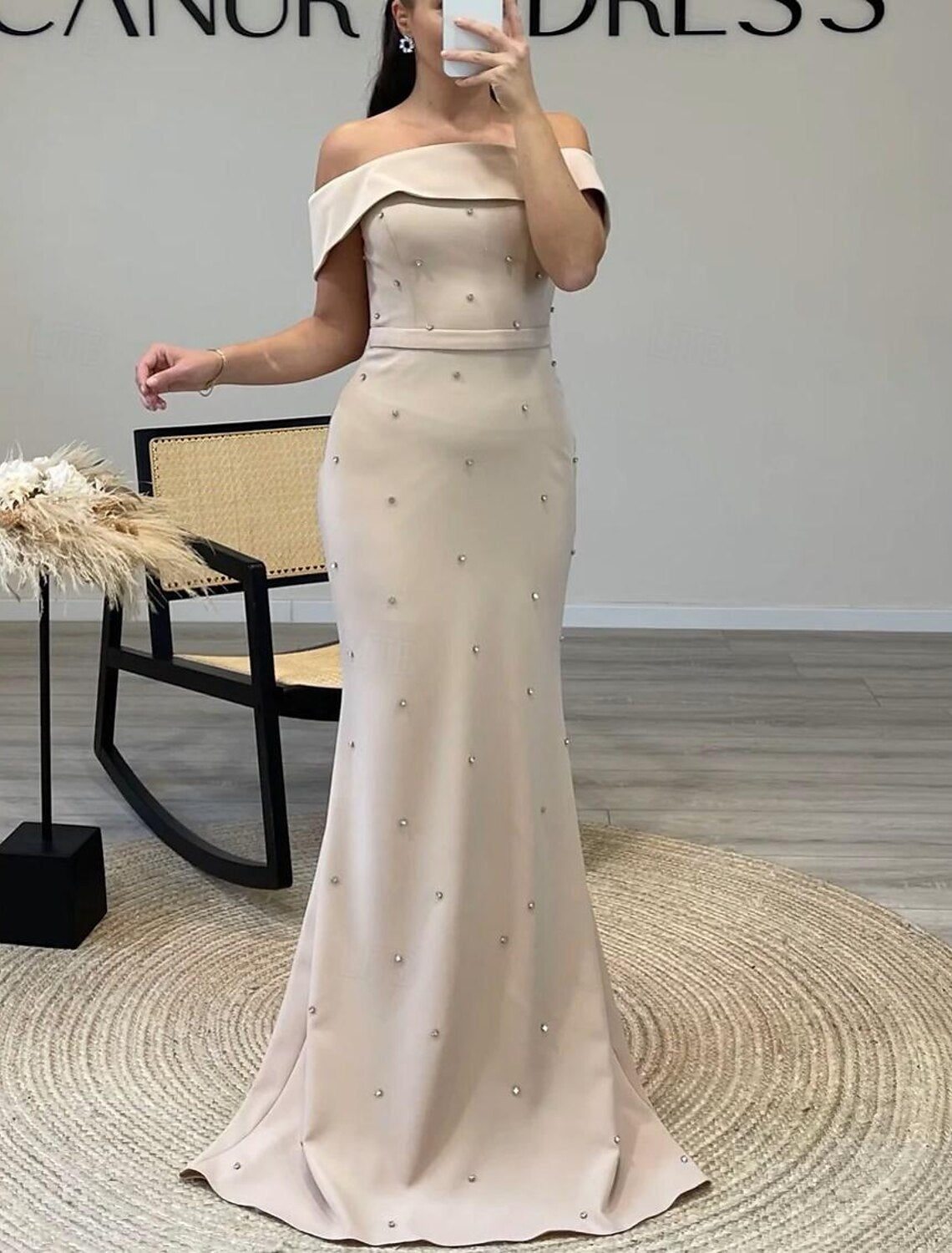 Mermaid / Trumpet Evening Gown Elegant Dress Formal Wedding Guest Floor Length Short Sleeve Off Shoulder Stretch Crepe with Beading