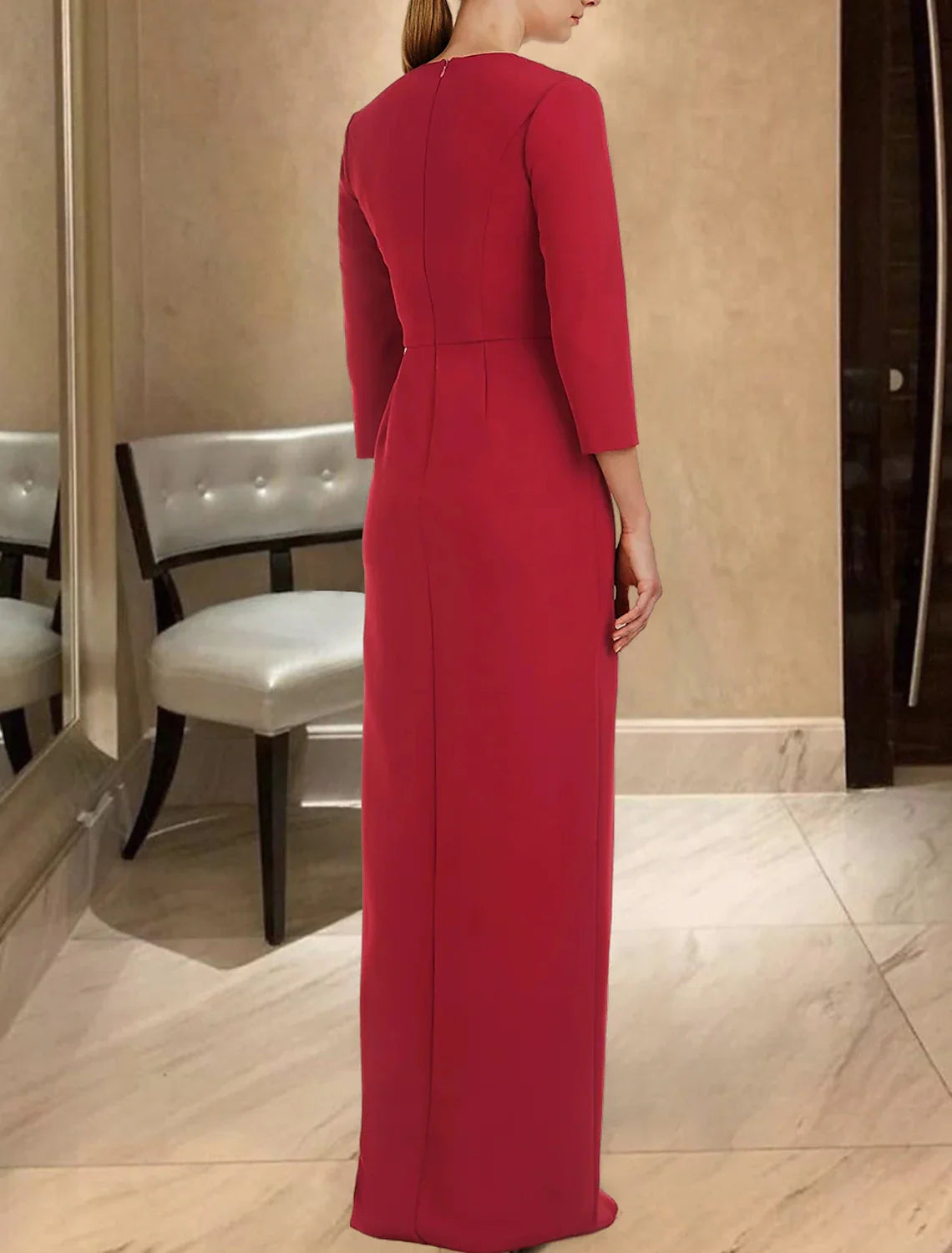 Sheath / Column Evening Gown Elegant Dress Formal Floor Length Long Sleeve V Neck Stretch Fabric with Ruched
