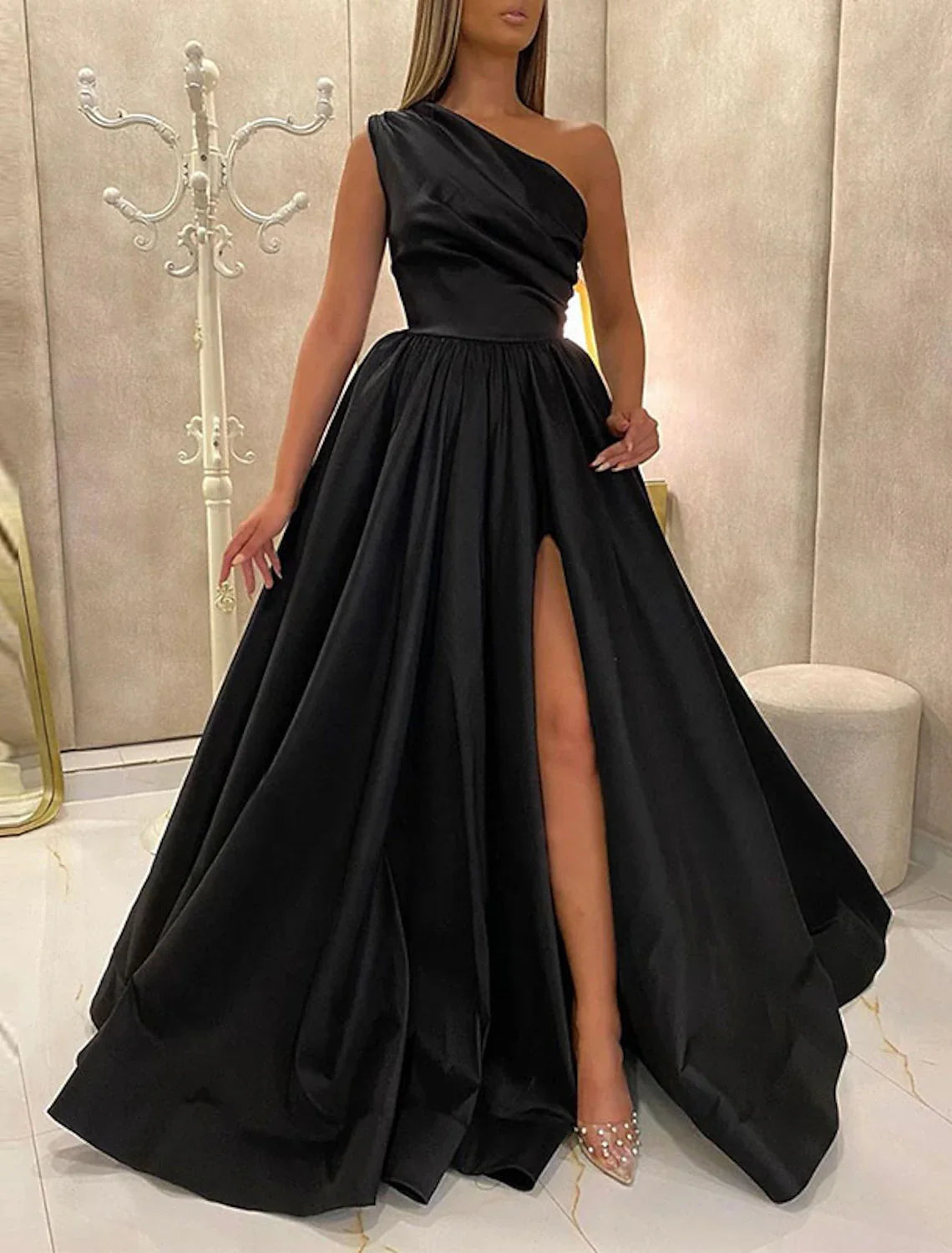 Aimishang A-Line Evening Gown Elegant Dress Wedding Guest Engagement Floor Length Sleeveless One Shoulder Satin with Pleats Slit