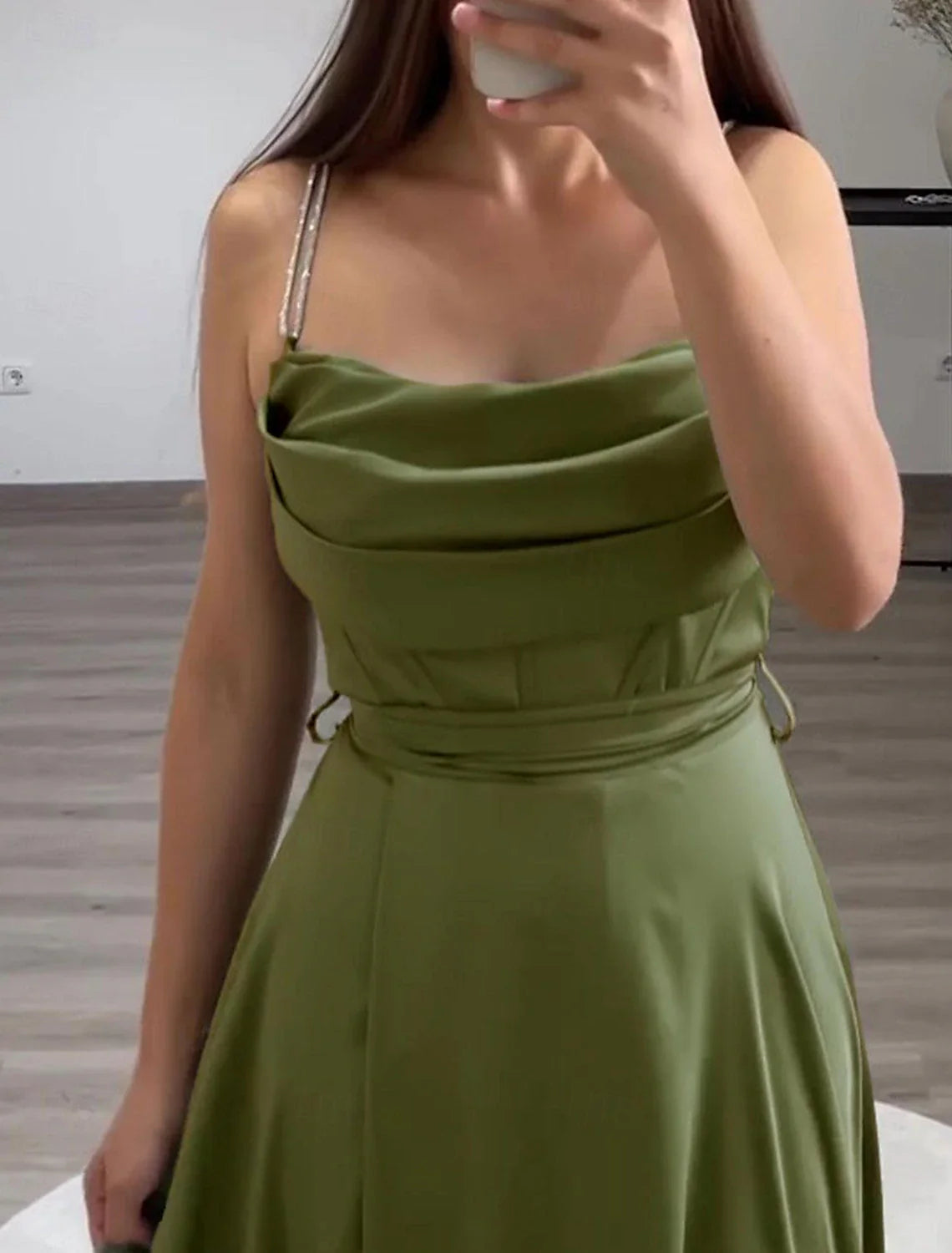 A-Line Evening Gown Elegant Dress Formal Floor Length Sleeveless Spaghetti Strap Italy Satin with Ruched