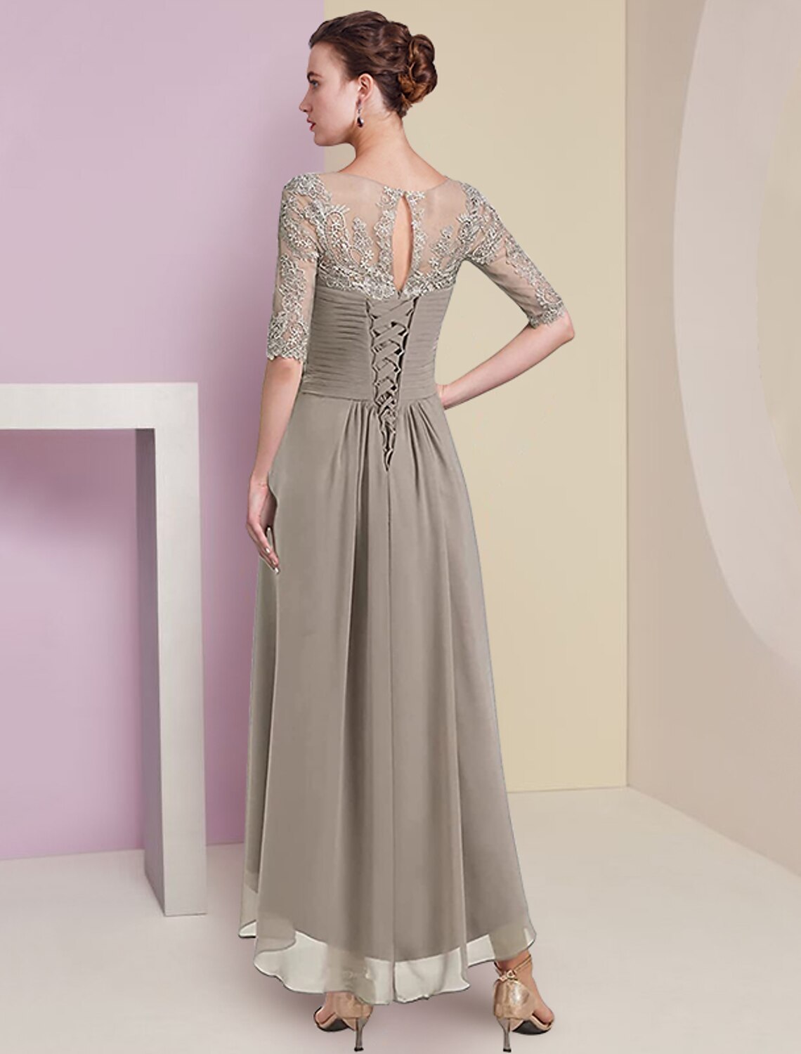 Aimishang Two Piece A-Line Mother of the Bride Dress Formal Wedding Guest Elegant High Low V Neck Asymmetrical Tea Length Chiffon Lace Half Sleeve Wrap Included with Ruched Appliques