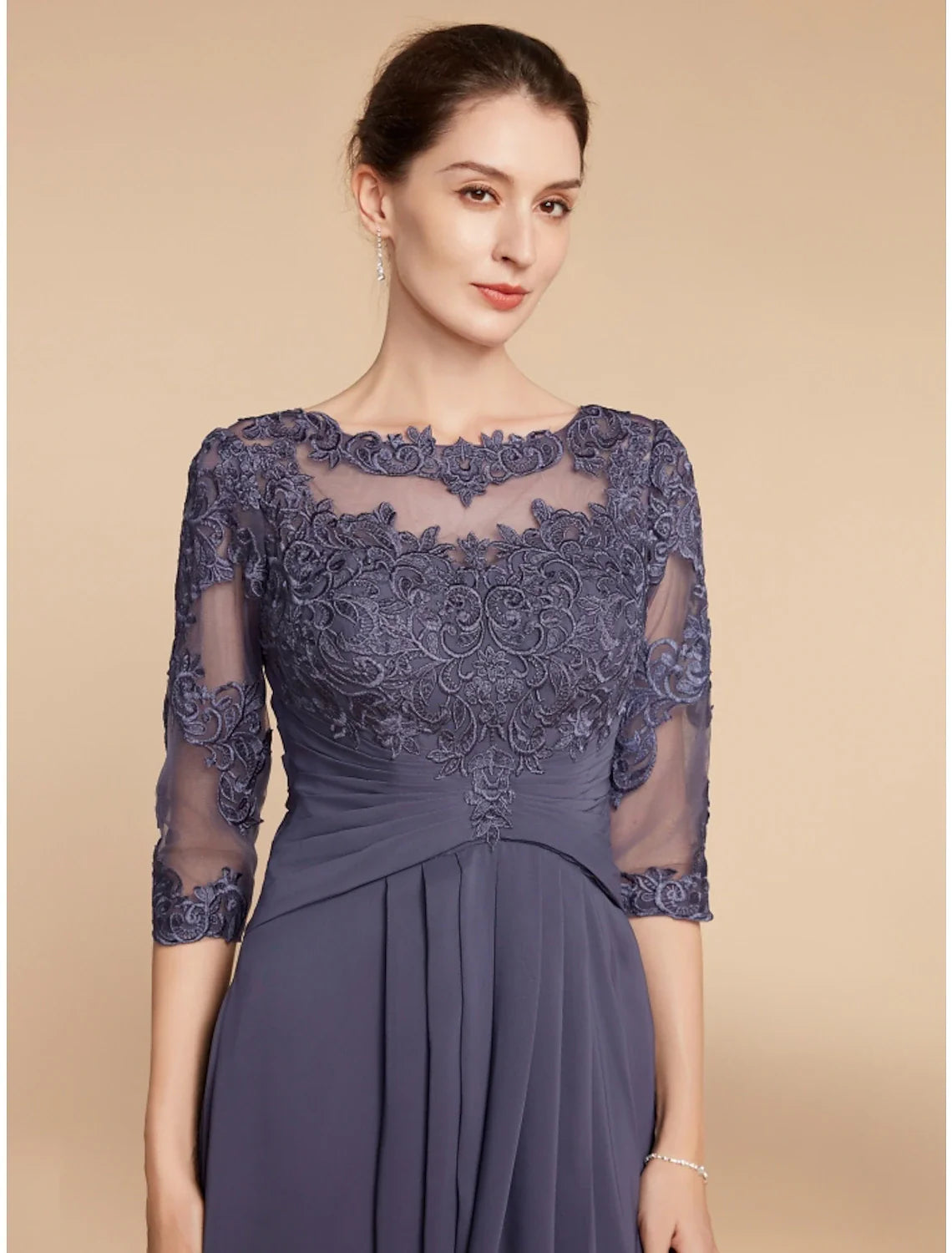 Aimishang A-Line Mother of the Bride Dress Wedding Guest Elegant Scoop Neck Ankle Length Chiffon Lace 3/4 Length Sleeve with Ruching Solid Color