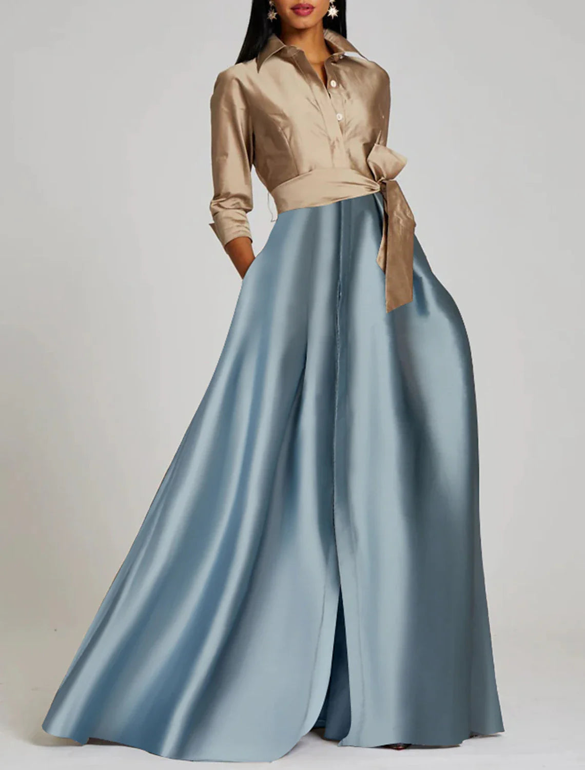 Aimishang A-Line Evening Gown Elegant Dress Formal Floor Length 3/4 Length Sleeve Shirt Collar Satin with Slit Strappy