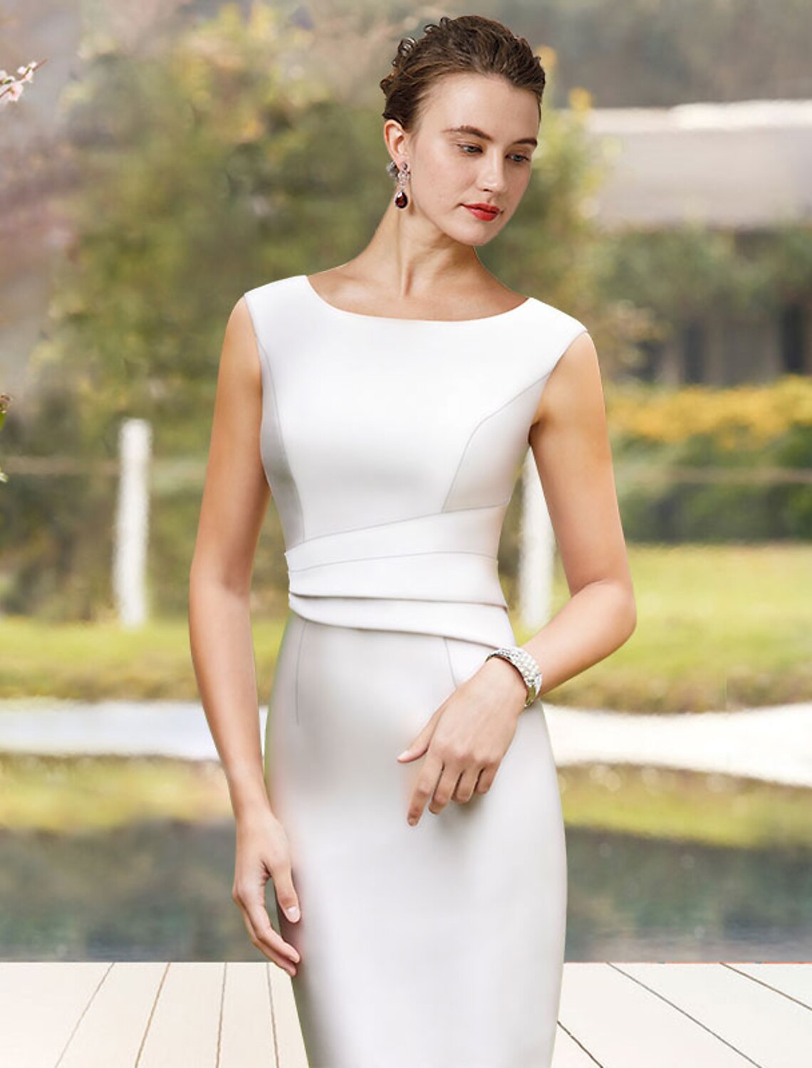 Aimishang  Two Piece Sheath / Column Mother of the Bride Dress Church Elegant Jewel Neck Knee Length Satin Sleeveless Short Jacket Dresses with Bow(s) Ruffles Side-Draped