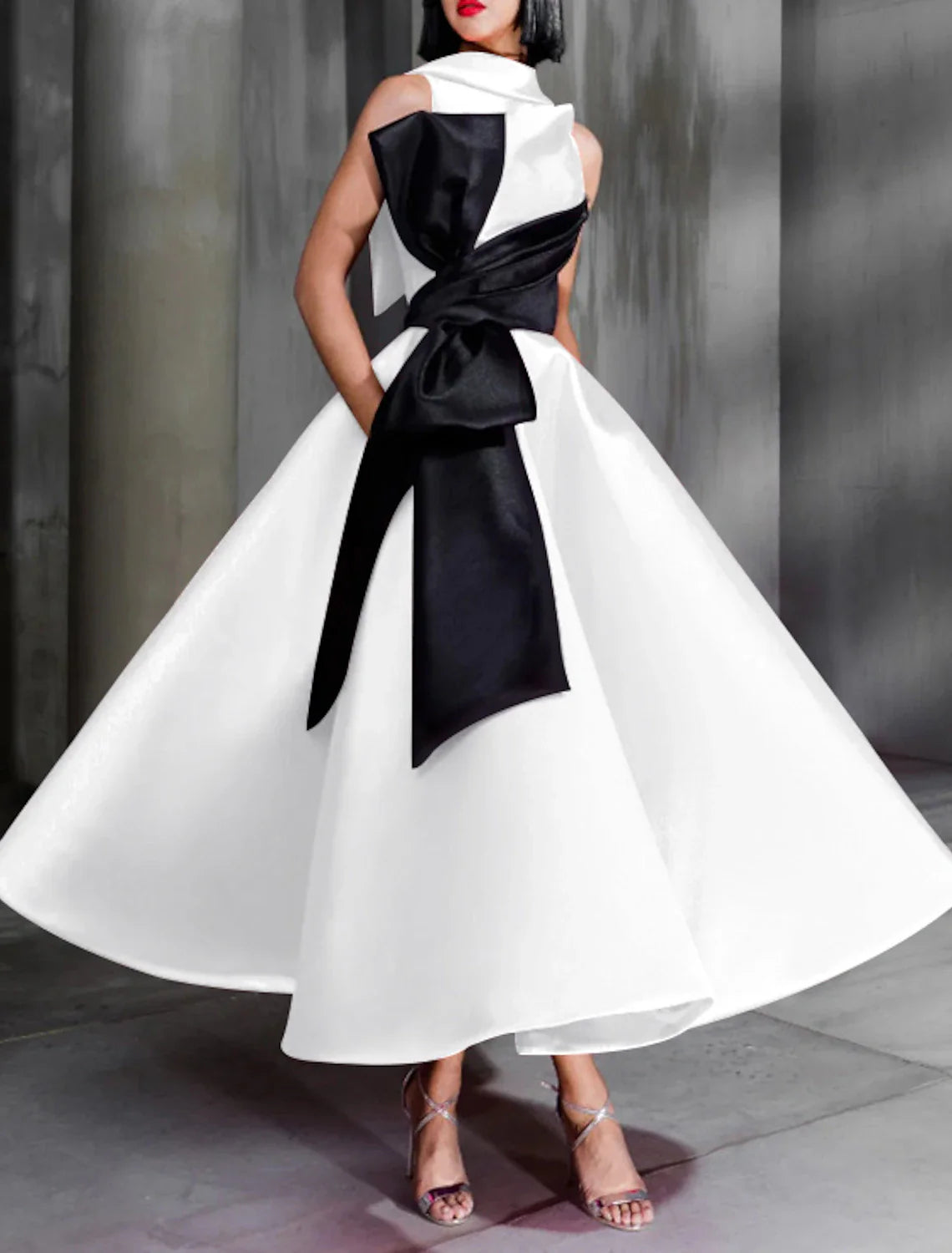 Aimishang Ball Gown Color Black Celebrity Style Elegant Prom Formal Evening Birthday Dress Red Dress High Neck Sleeveless Ankle Length Satin with Bow(s)