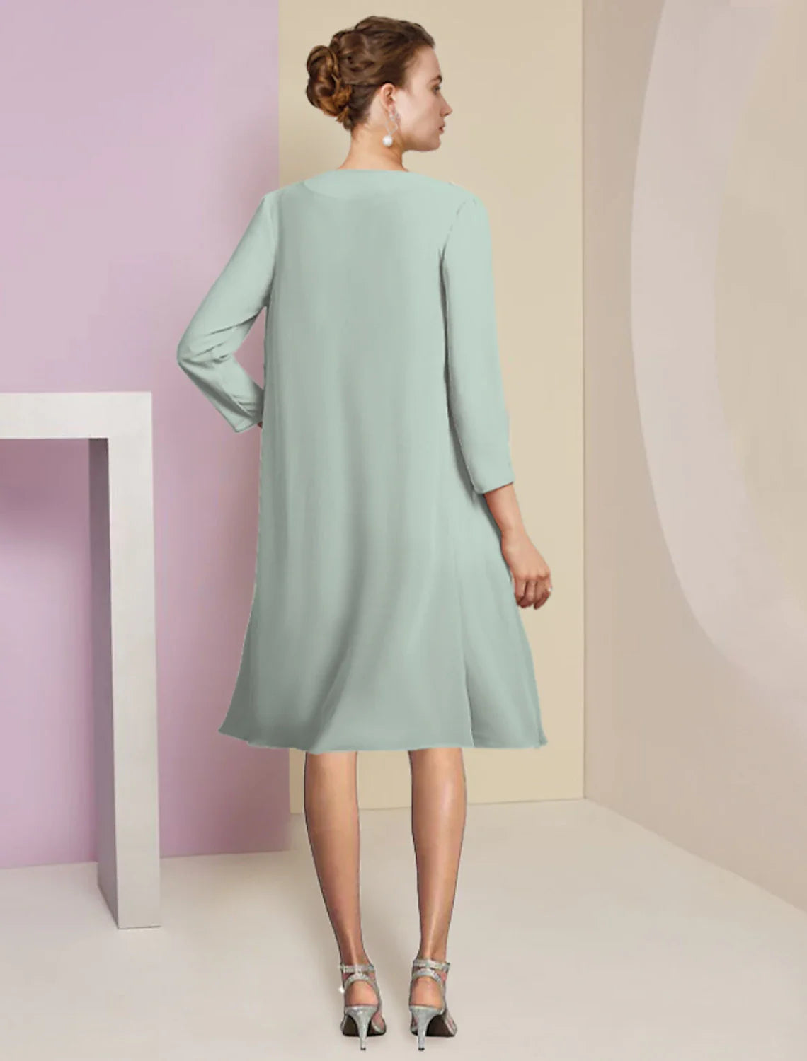 Aimishang  Two Piece A-Line Mother of the Bride Dress Formal Wedding Guest Elegant Scoop Neck Knee Length Chiffon 3/4 Length Sleeve with Tier