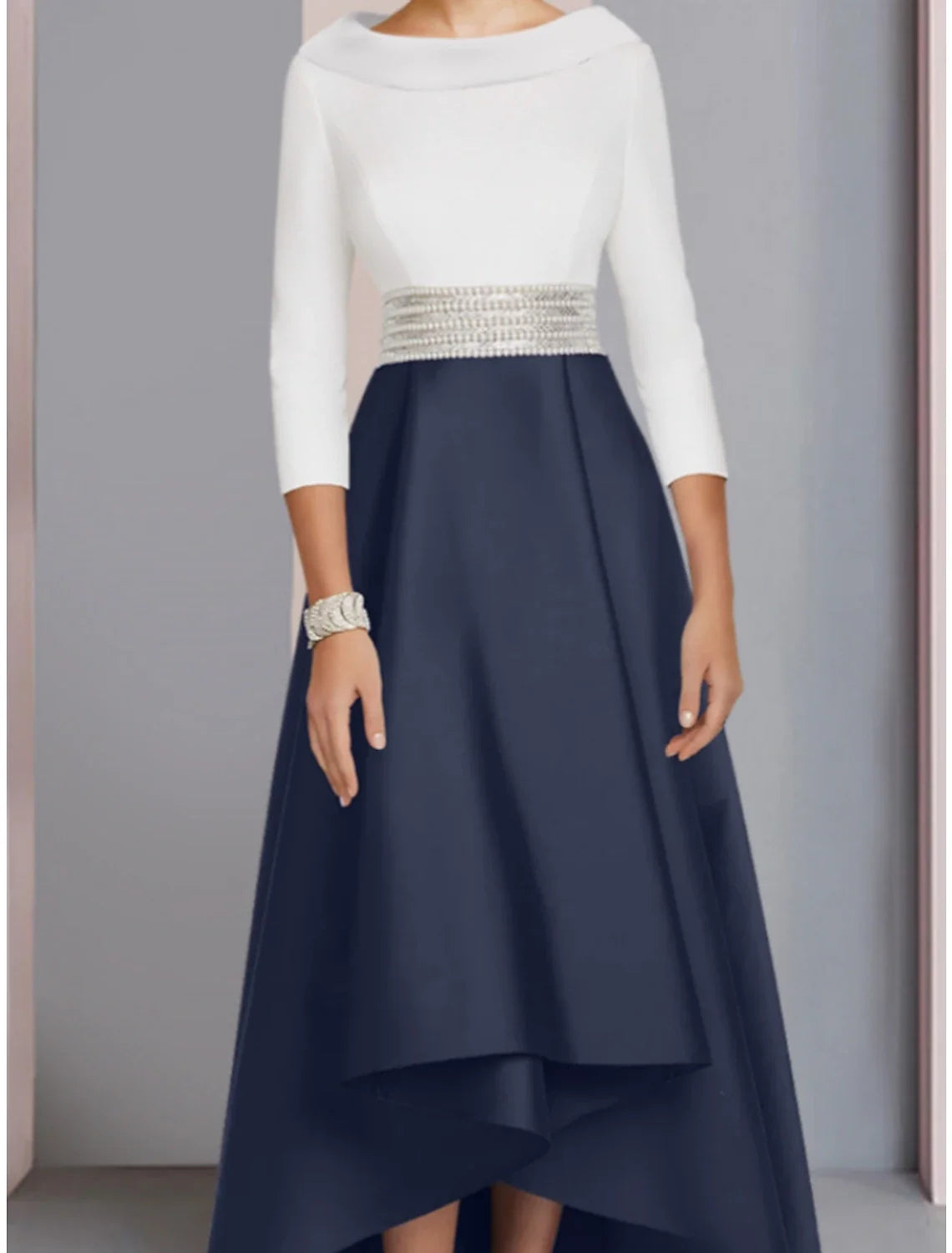 Aimishang  A-Line Mother of the Bride Dress Wedding Guest Elegant Scoop Neck Asymmetrical Floor Length Satin 3/4 Length Sleeve with Sequin Ruching