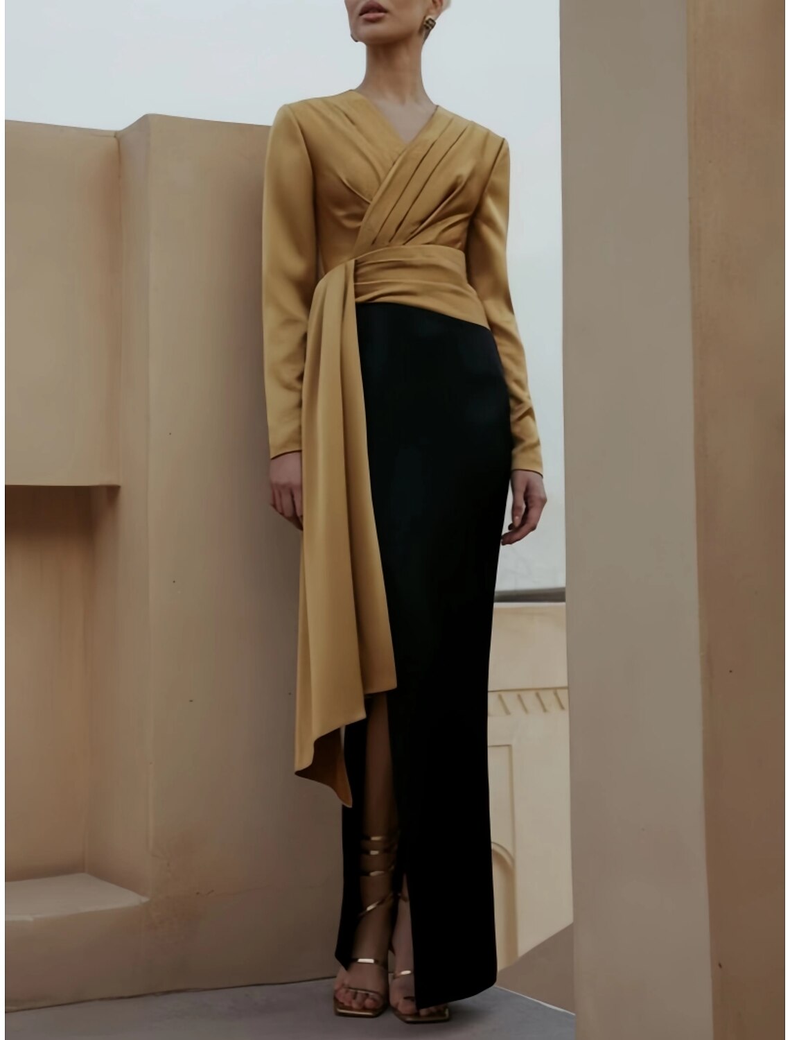 Wholesale A-Line Evening Black Dress Christmas Elegant Dress Formal Ankle Length Long Sleeve V Neck Satin with Ruched Slit