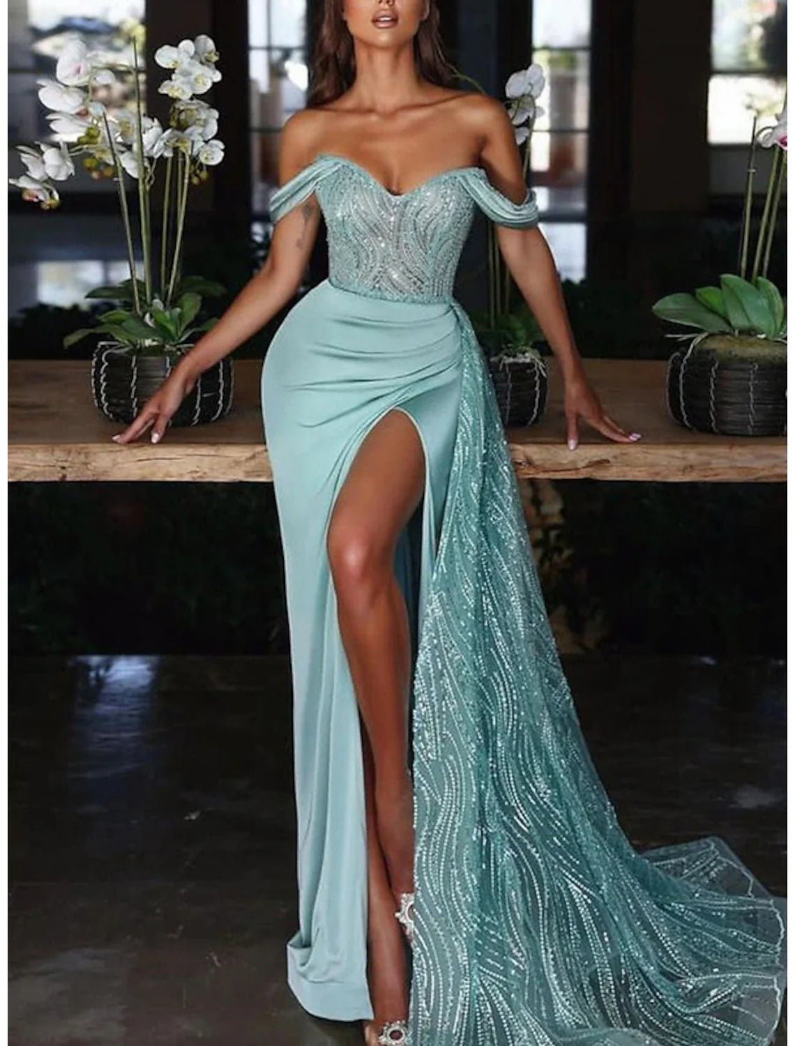 Mermaid Dress Evening Gown Red Green Dress Dress Formal Wedding Guest Court Train Sleeveless Off Shoulder Charmeuse with Ruched Sequin Slit