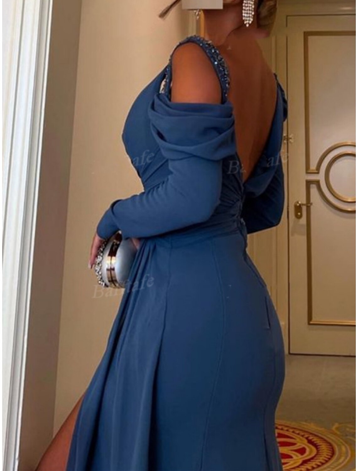 A-Line Evening Gown Elegant Dress Formal Court Train Long Sleeve Square Neck Sequined with Sequin Slit