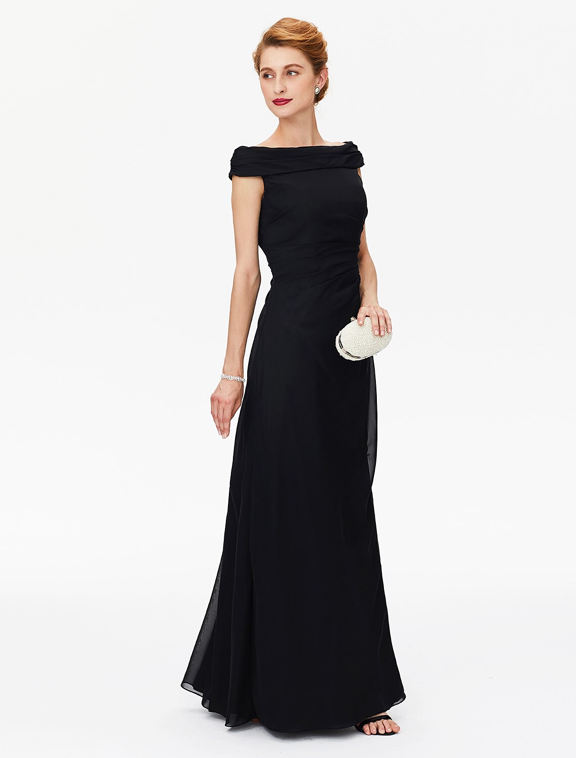 Aimishang Sheath / Column Mother of the Bride Dress Furcal Off Shoulder Floor Length Chiffon Short Sleeve No with Pleats Split Front