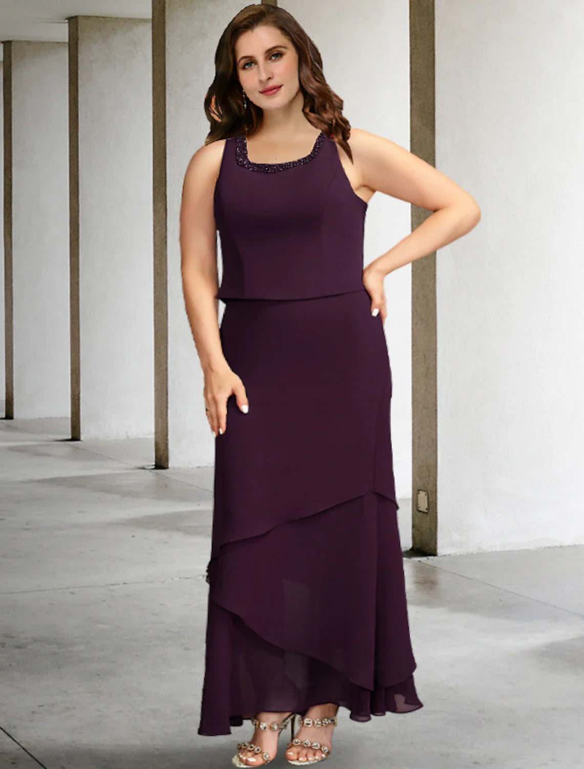 Aimishang  Two Piece A-Line Mother of the Bride Dresses Plus Size Hide Belly Curve Elegant Dress Formal Ankle Length Sleeveless Square Neck Chiffon with Beading Ruffles