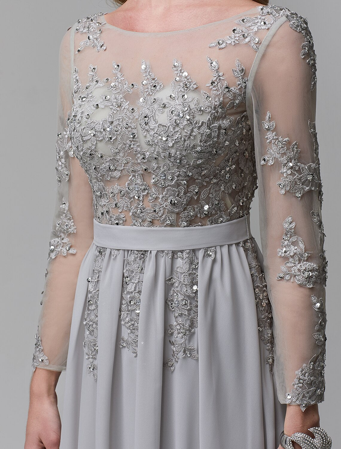 A-Line Luxurious Engagement Formal Evening Dress Illusion Neck V Back Low Back Long Sleeve Chapel Train Chiffon with Sequin Appliques 2024 / Illusion Sleeve