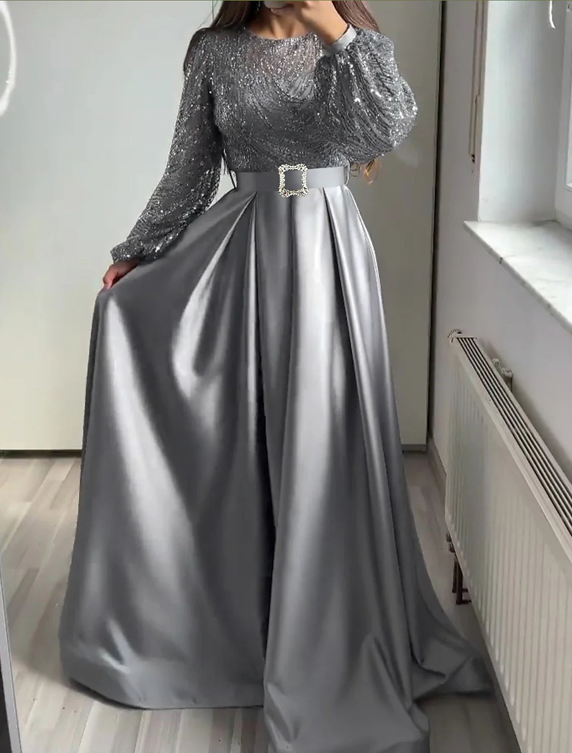 Aimishang A-Line Evening Gown Elegant Dress Wedding Black Tie Floor Length Long Sleeve Jewel Neck Fall Wedding Guest Satin with Sequin