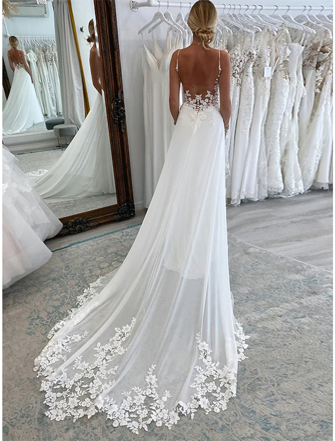 Aimishang Reception Formal Wedding Dresses A-Line Camisole Sleeveless Court Train Chiffon Bridal Suits Bridal Gowns With Appliques